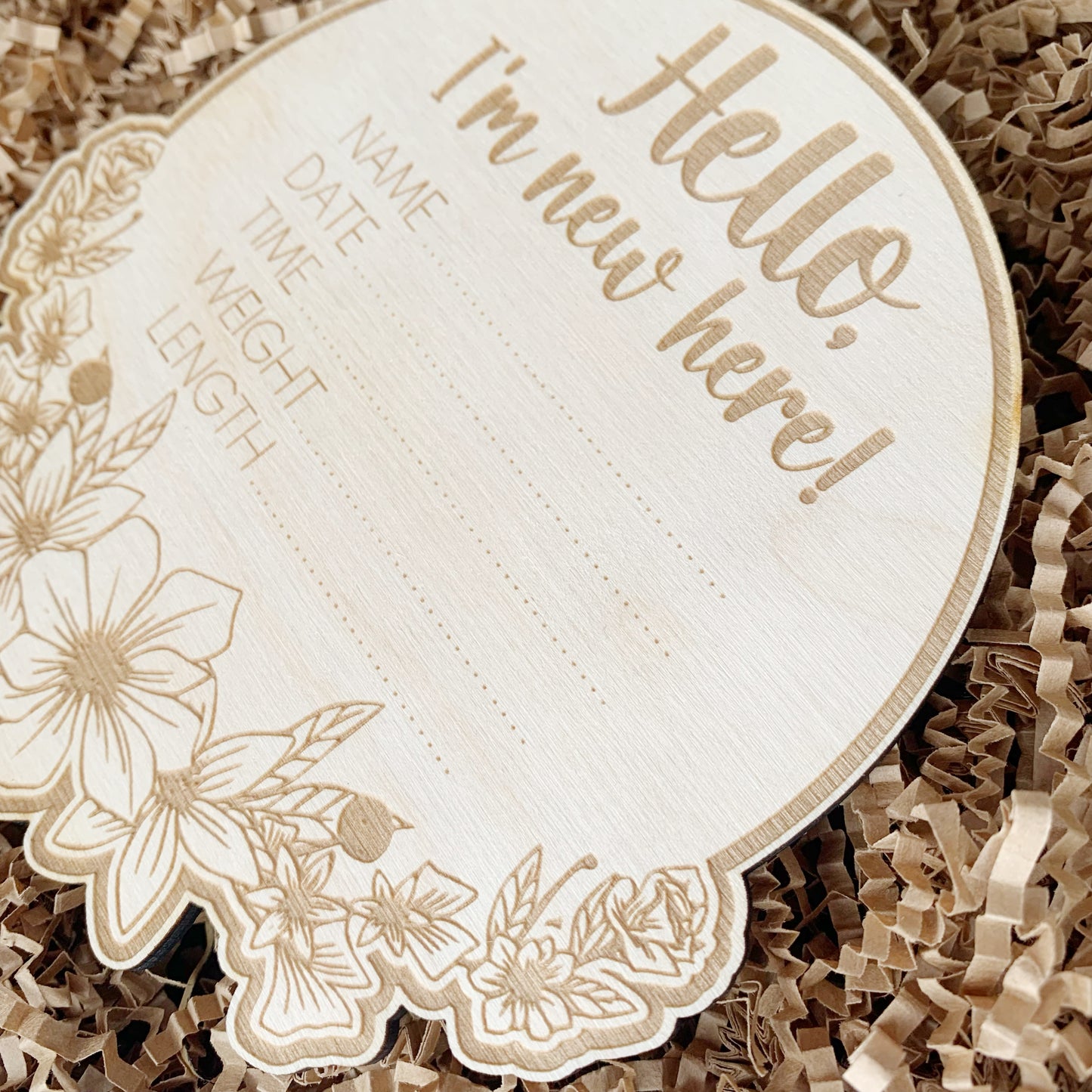 Floral Baby Announcement Birth Stat Disk - Engraved Wooden Sign