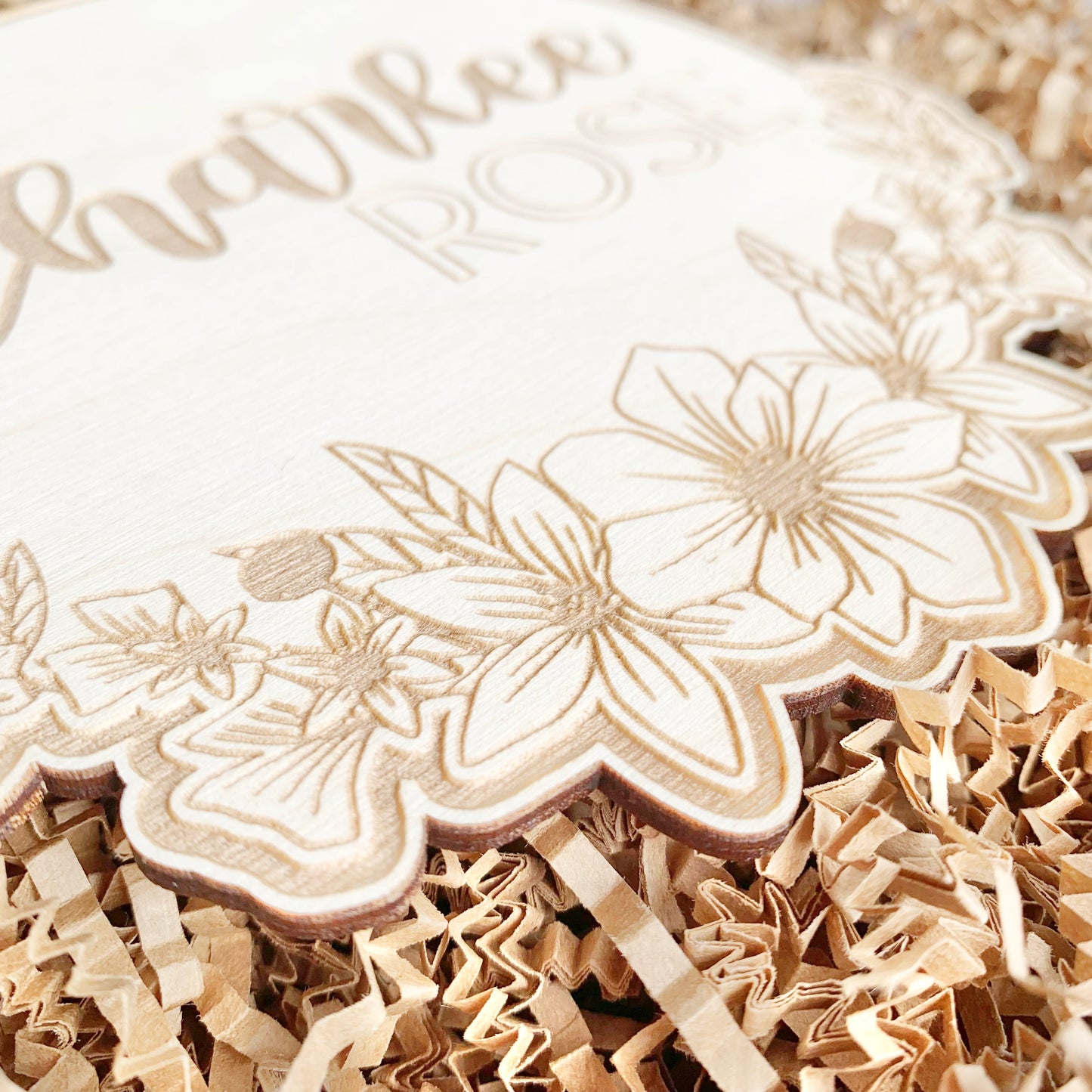 Floral Personalized Baby Name and Birth Stat Disk - Engraved Wooden Sign