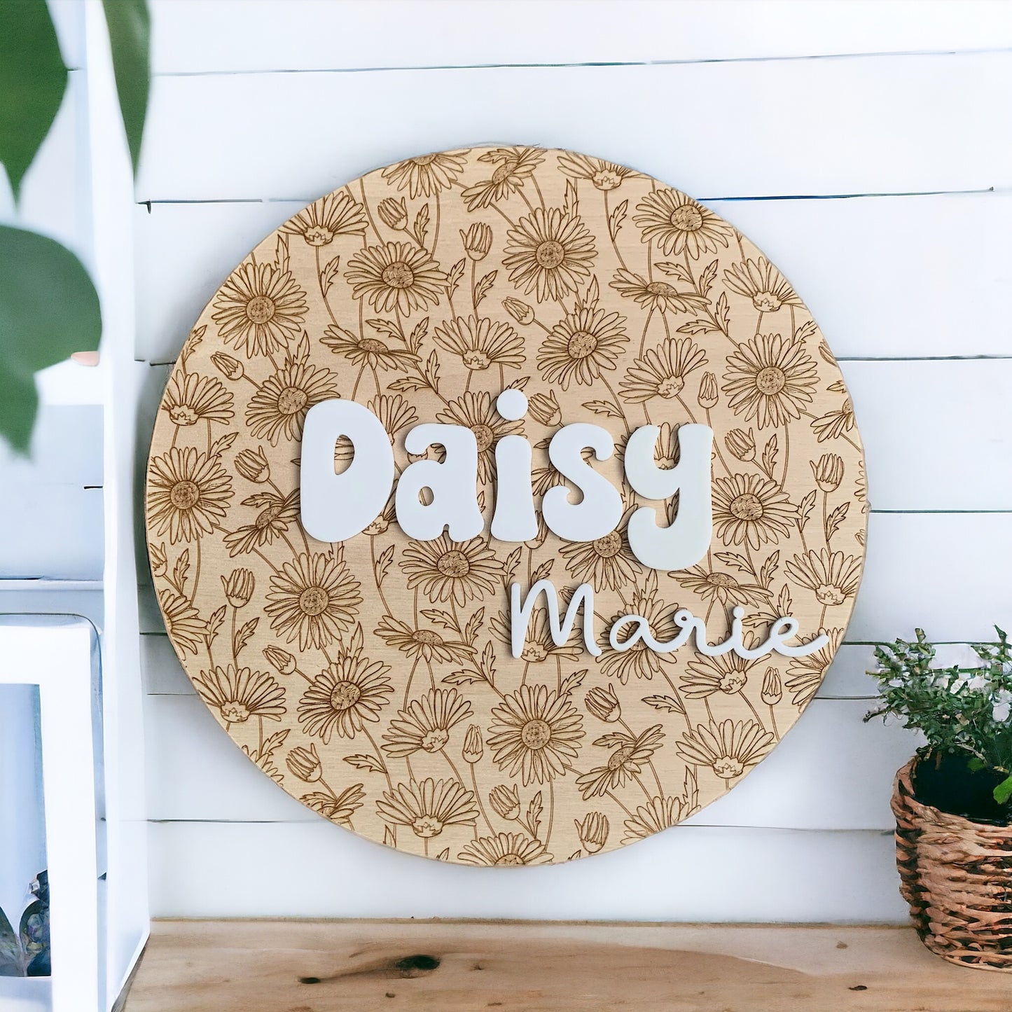 Round 3D Baby Name Sign, Custom Engraved Baby Birth Announcement, Baby Girl Floral Nursery Gift, Personalized Daisy flower Baby shower gift