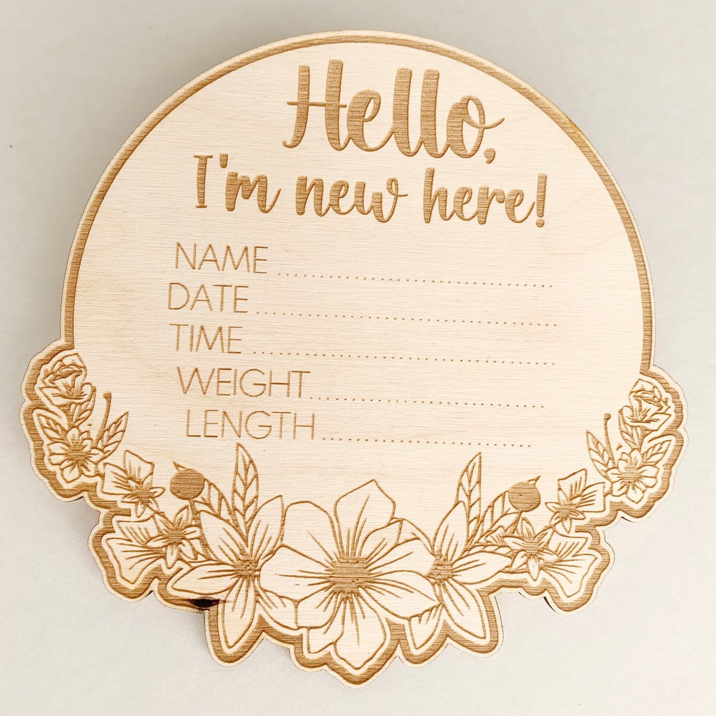 Floral Baby Announcement Birth Stat Disk - Engraved Wooden Sign