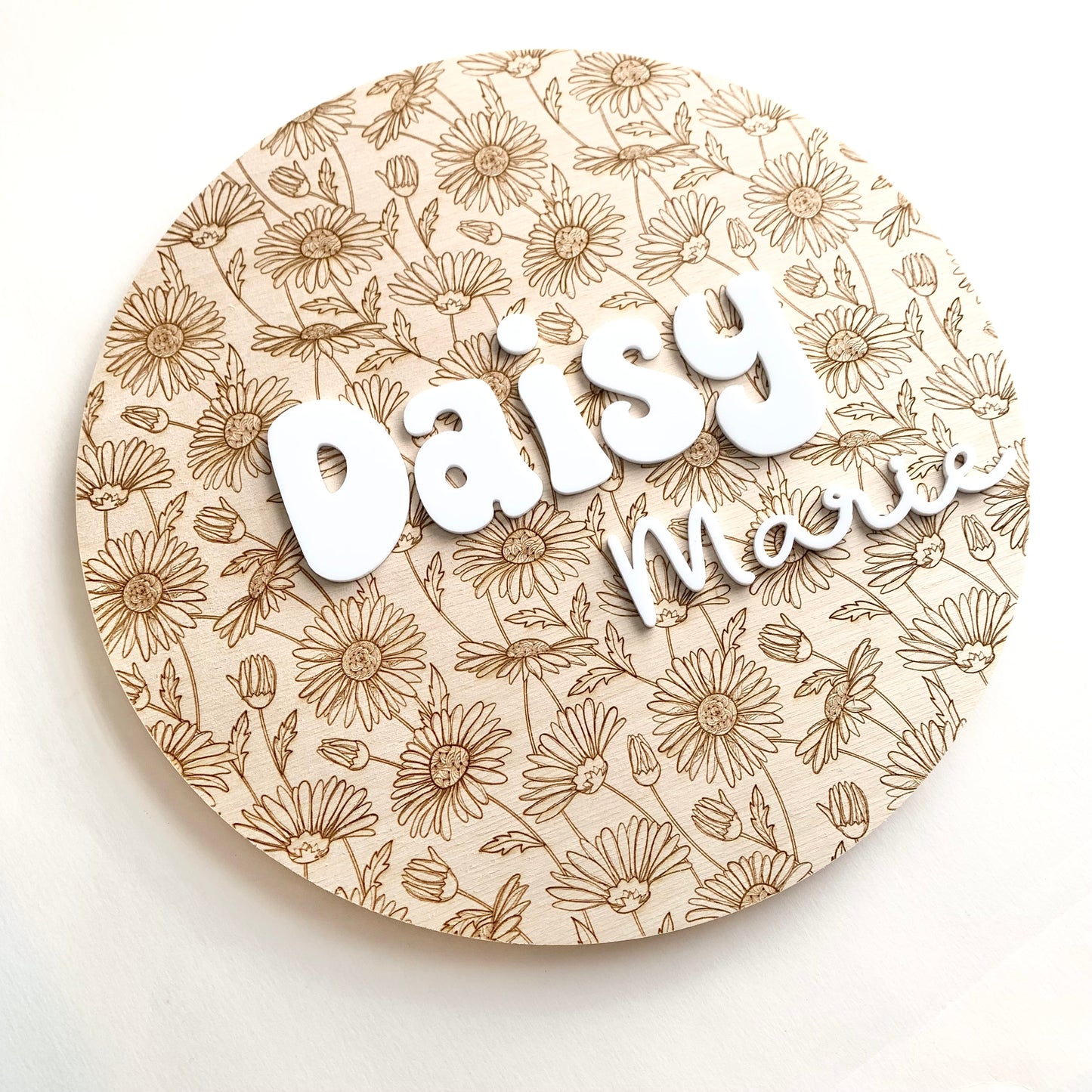 Round 3D Baby Name Sign, Custom Engraved Baby Birth Announcement, Baby Girl Floral Nursery Gift, Personalized Daisy flower Baby shower gift