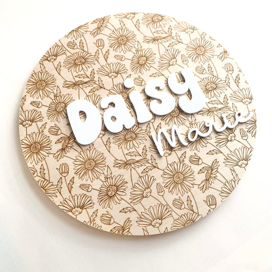 Round 3D Baby Name Sign, Custom Engraved Baby Birth Announcement, Baby Girl Floral Nursery Gift, Personalized Daisy flower Baby shower gift