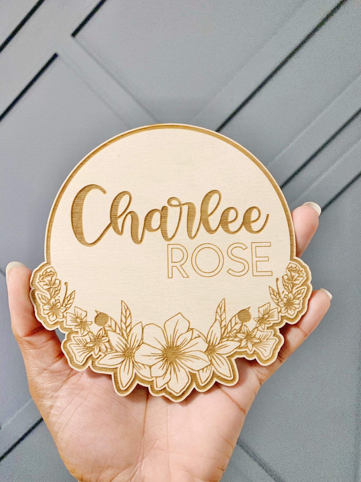 Floral Personalized Baby Name and Birth Stat Disk - Engraved Wooden Sign