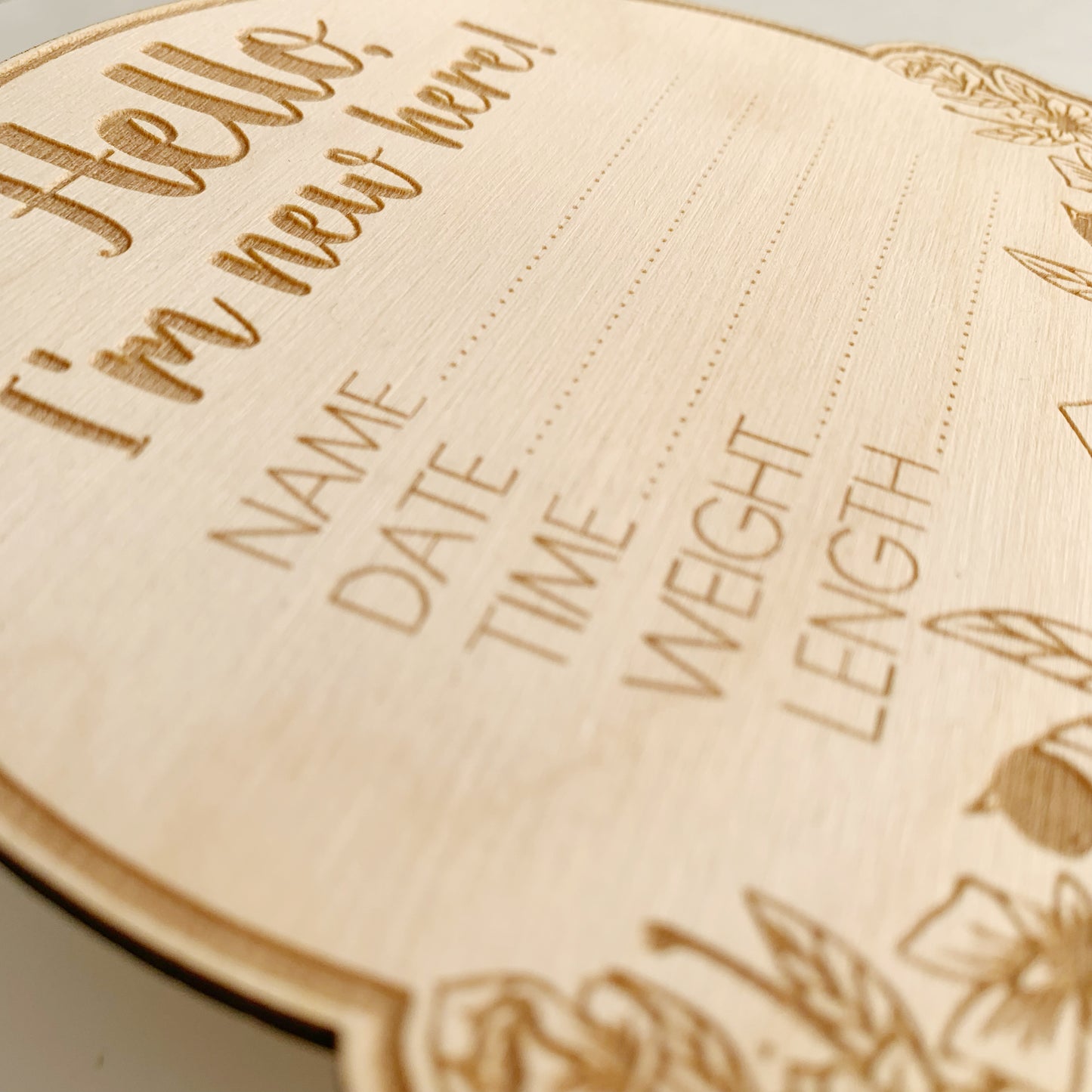 Floral Baby Announcement Birth Stat Disk - Engraved Wooden Sign