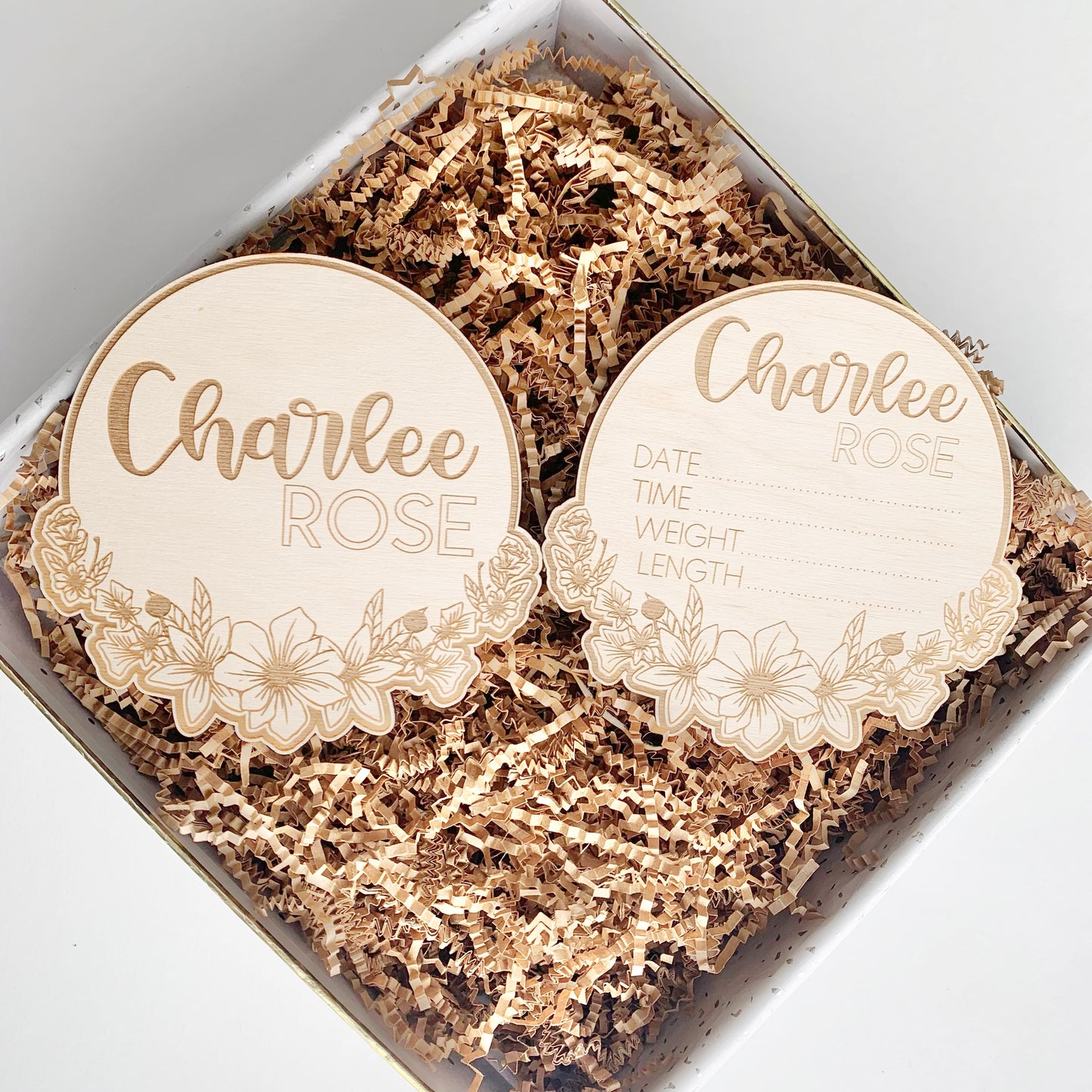 Floral Personalized Baby Name and Birth Stat Disk - Engraved Wooden Sign