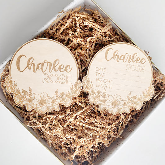 Floral Personalized Baby Name and Birth Stat Disk - Engraved Wooden Sign