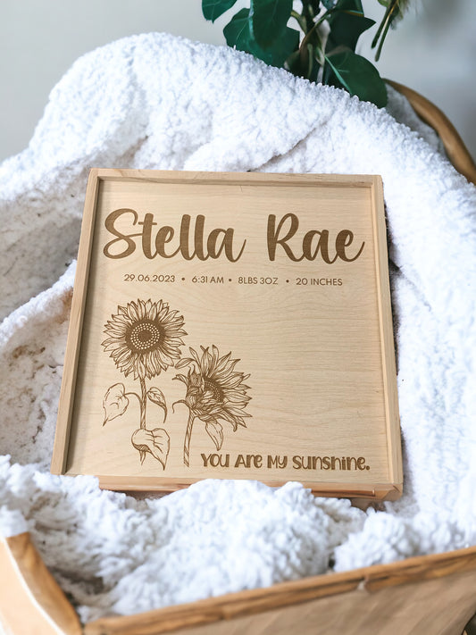 Personalized Memory Keepsake Box, Baby Girl Shower Gift, You are my Sunshine, Custom Newborn Woodland Floral Baby Gift, Unique New Baby Gift