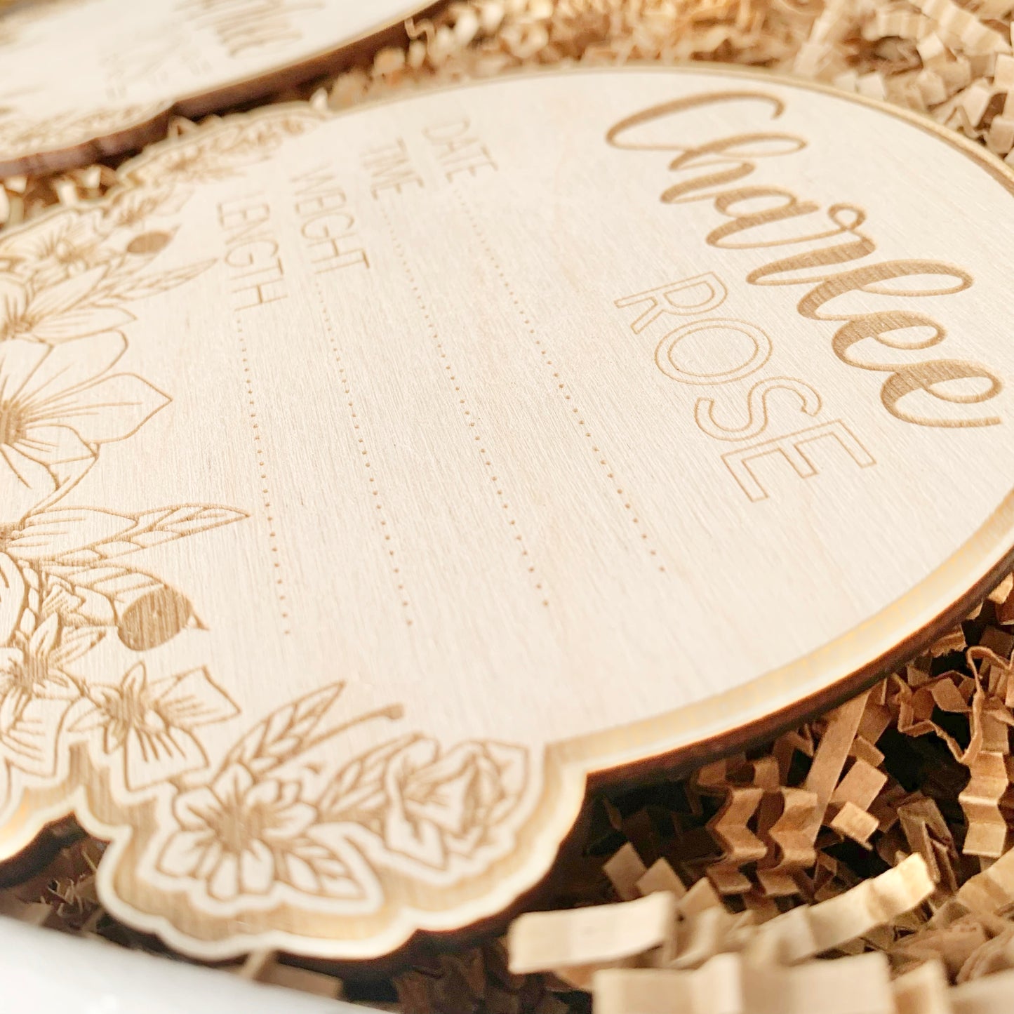 Floral Personalized Baby Name and Birth Stat Disk - Engraved Wooden Sign
