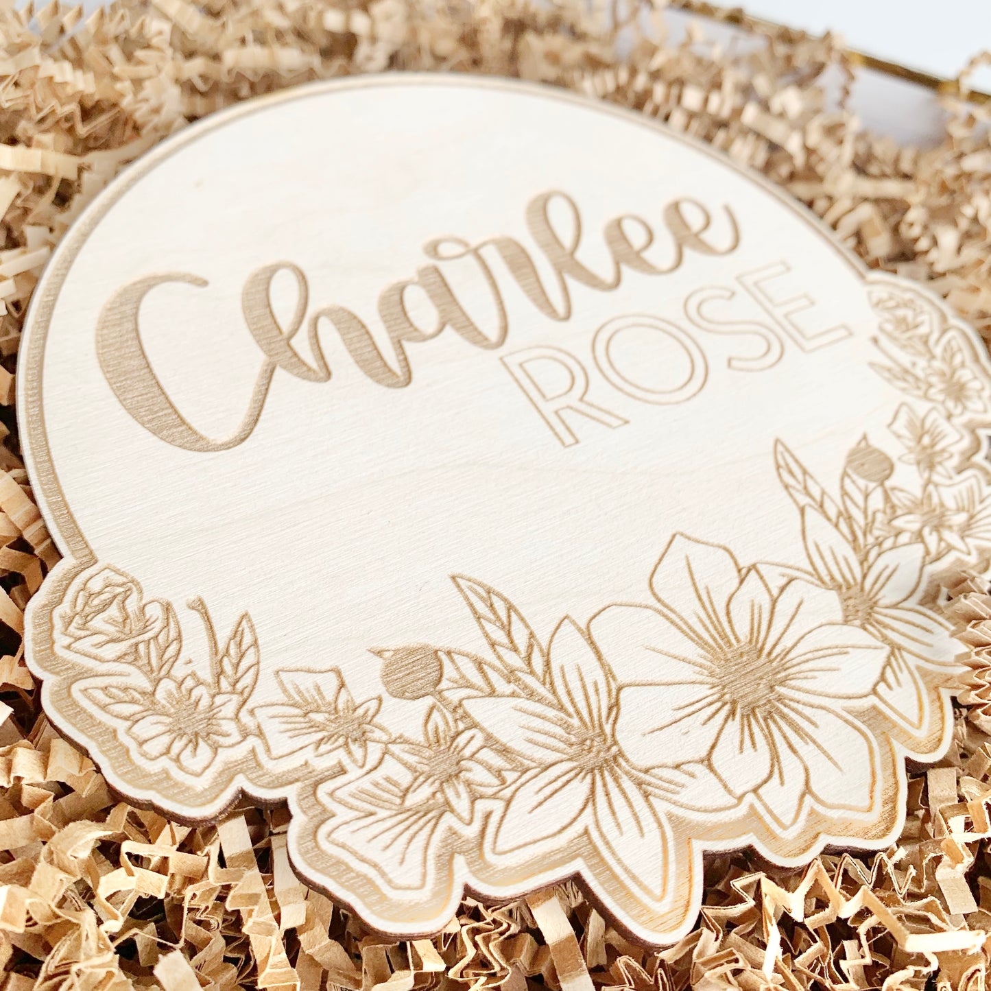 Floral Personalized Baby Name and Birth Stat Disk - Engraved Wooden Sign