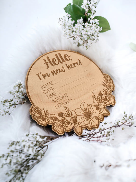 Floral Baby Announcement Birth Stat Disk - Engraved Wooden Sign