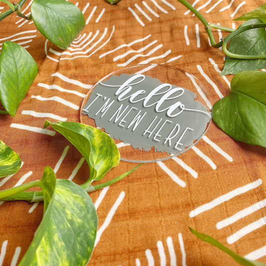 Birth Announcement Sign, Hello I'm New Here Plaque, Custom Plaque, Gender Neutral, Personalized Photo Prop, Acrylic, Baby Name Disk, Round.