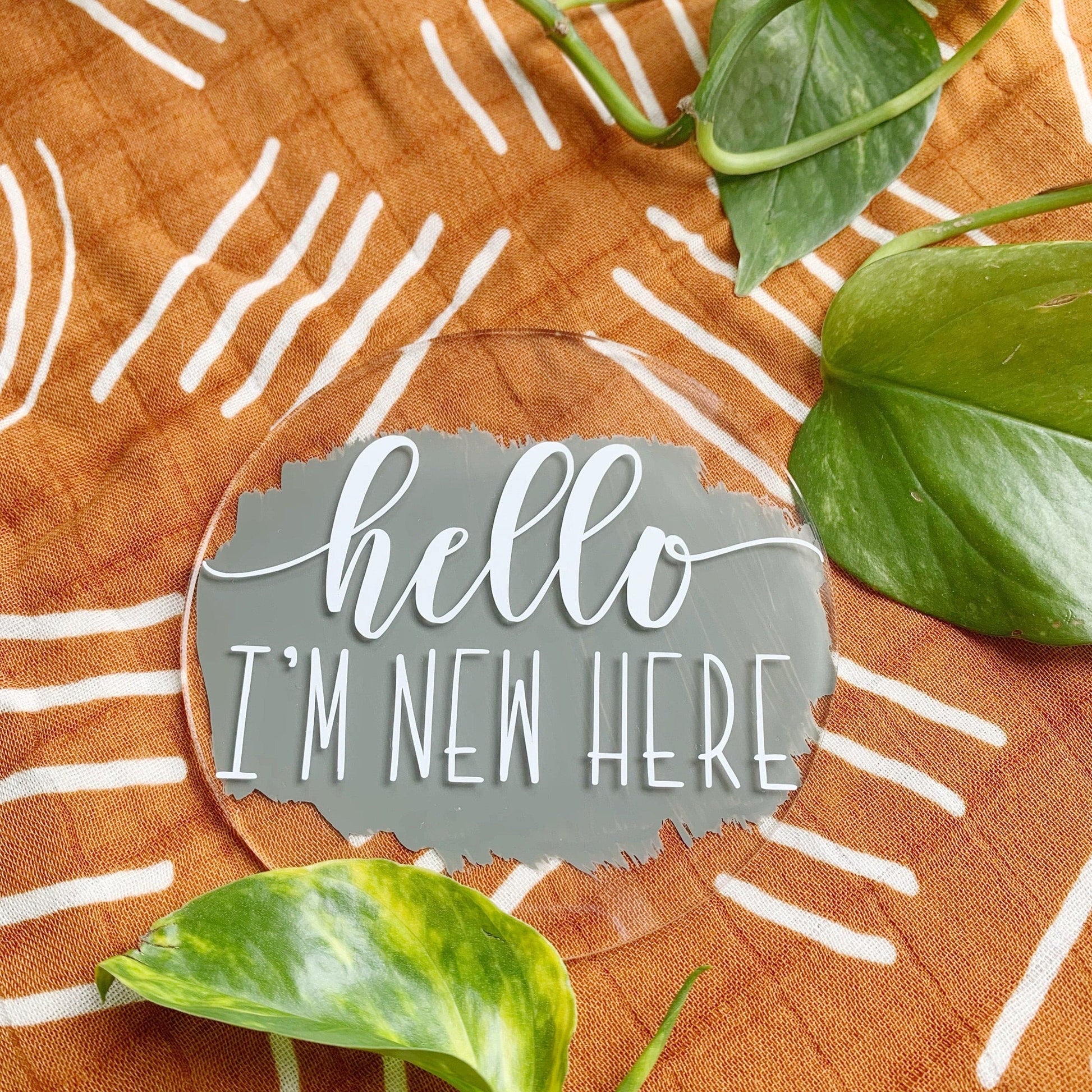 Birth Announcement Sign, Hello I'm New Here Plaque, Custom Plaque, Gender Neutral, Personalized Photo Prop, Acrylic, Baby Name Disk, Round.