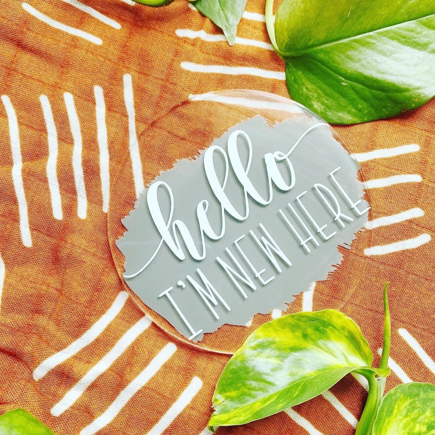 Birth Announcement Sign, Hello I'm New Here Plaque, Custom Plaque, Gender Neutral, Personalized Photo Prop, Acrylic, Baby Name Disk, Round.