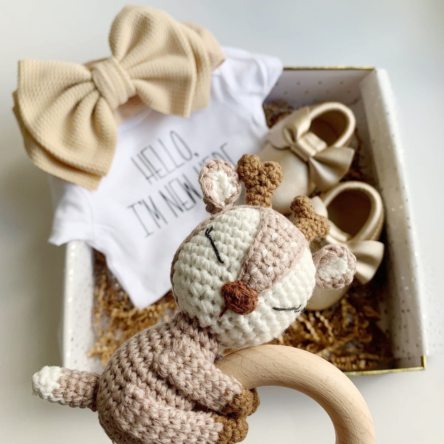 Baby Girl Gift Set Box - Gold Shoes and Bow, Brown and White Woodland Baby Rattle Teething Ring.