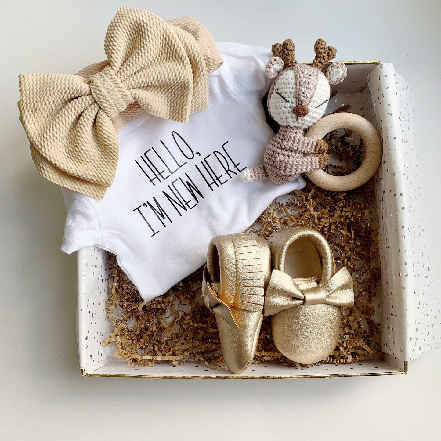 Baby Girl Gift Set Box - Gold Shoes and Bow, Brown and White Woodland Baby Rattle Teething Ring.