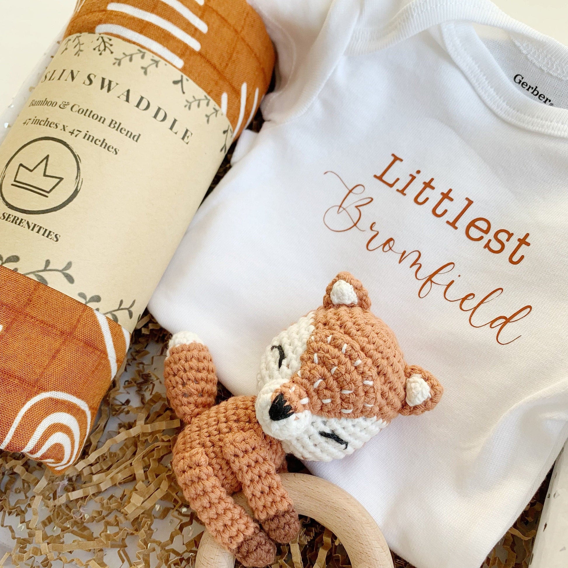 Brown and White Boho Woodland Fox Custom Baby Gift - Brown Rainbow Baby Blanket, Brown Fox Baby Teething Rattle, Personalized Baby Boho Onesie