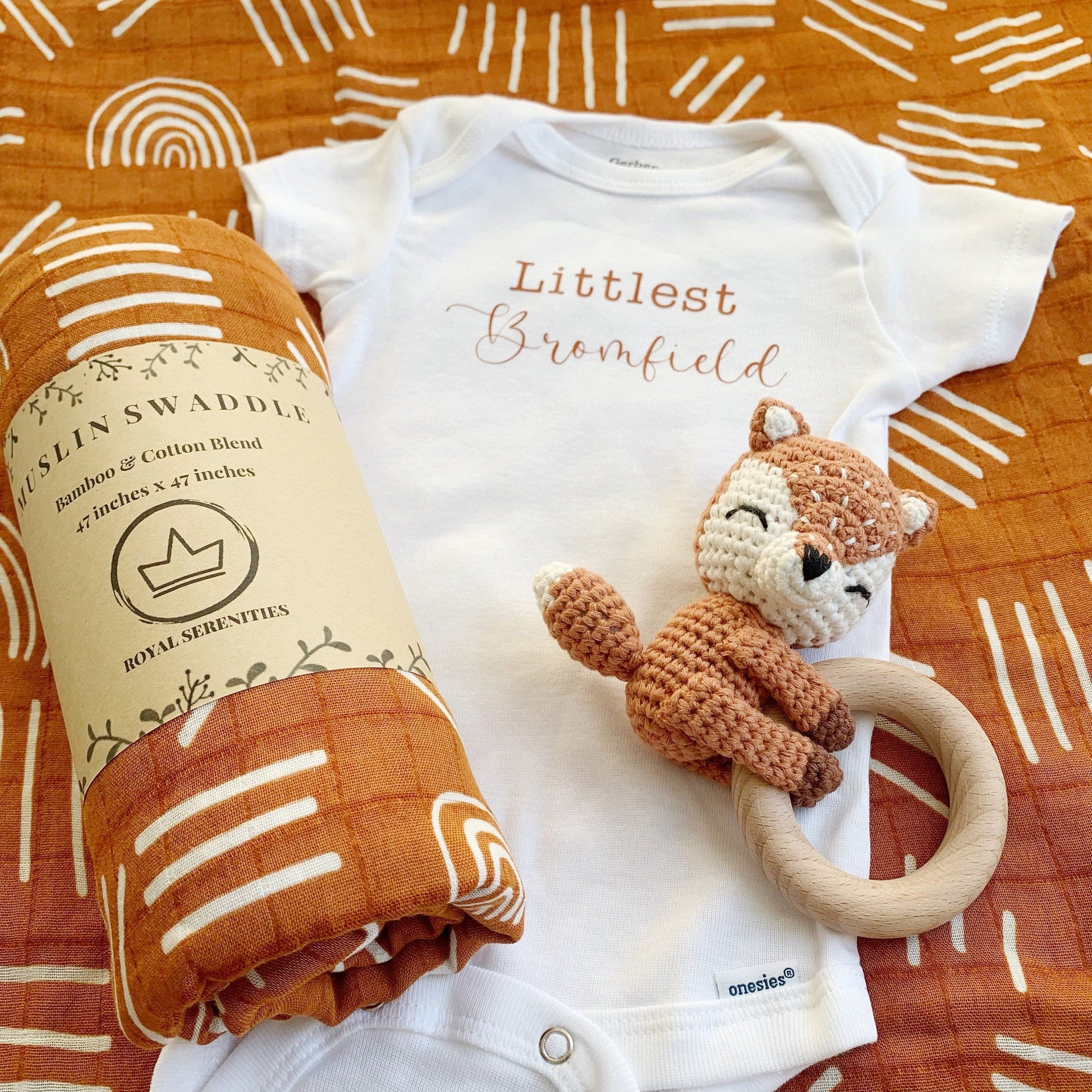 Brown and White Boho Woodland Fox Custom Baby Gift - Brown Rainbow Baby Blanket, Brown Fox Baby Teething Rattle, Personalized Baby Boho Onesie