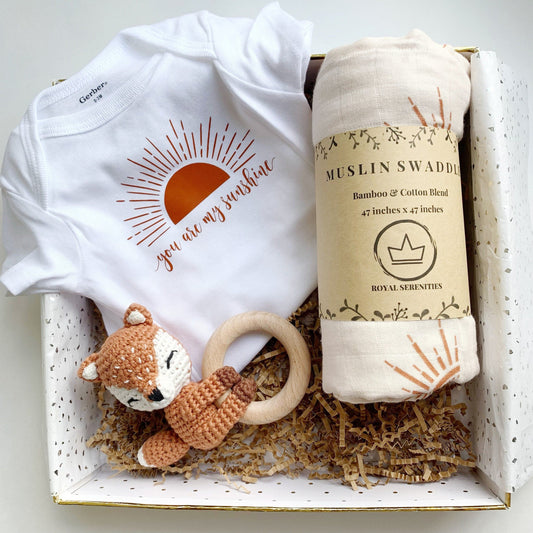 Boho Baby gift box, gender neutral New Baby Gift, Baby Shower Gift, Baby Blanket, My Sunshine, Personalized baby gift basket, Woodland theme.