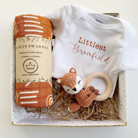 Brown and White Boho Woodland Fox Custom Baby Gift - Brown Rainbow Baby Blanket, Brown Fox Baby Teething Rattle, Personalized Baby Boho Onesie