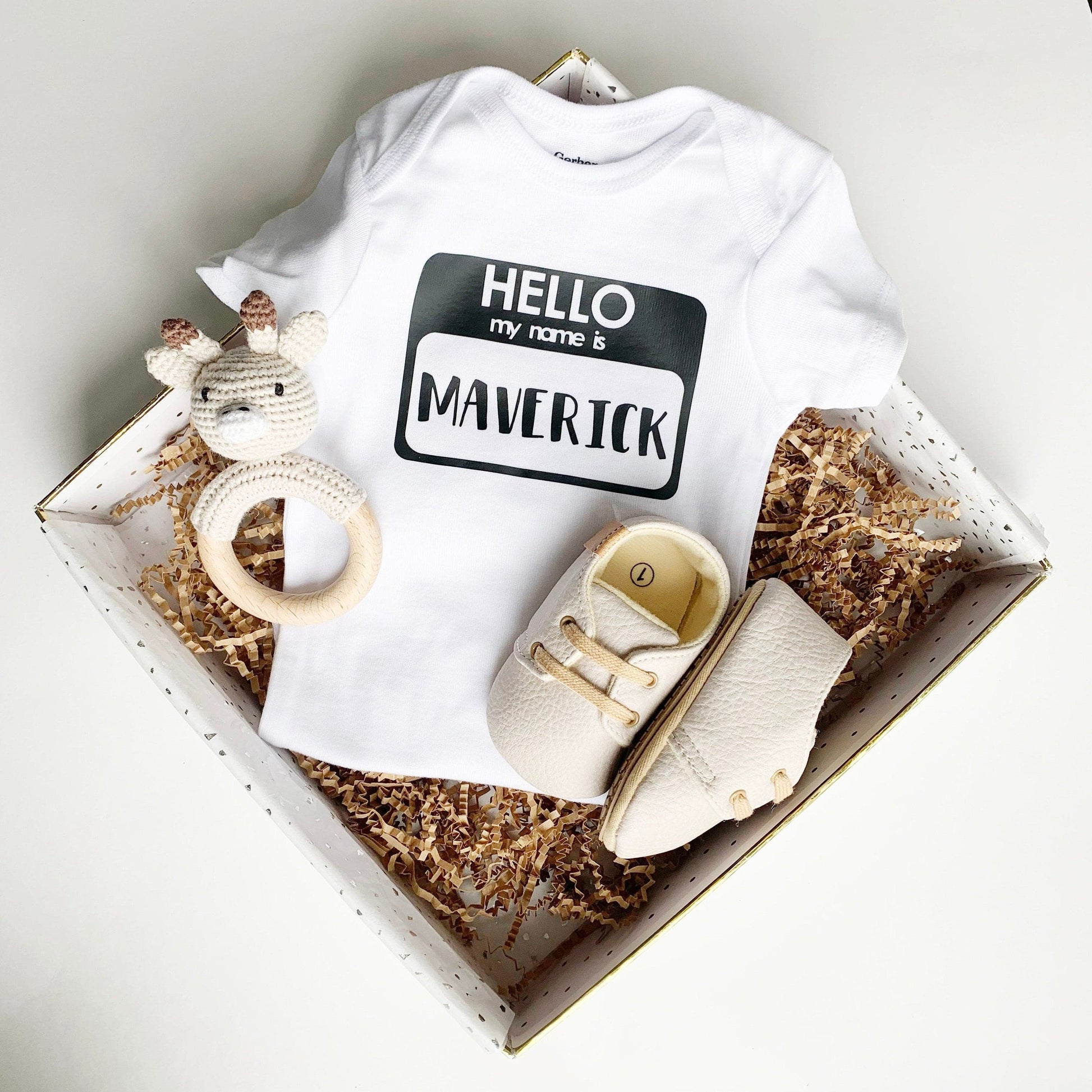 Coming Home Baby Outfit - Hello, My Name is - Baby Shoes and Rattle.