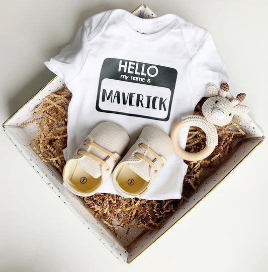 Coming Home Baby Outfit - Hello, My Name is - Baby Shoes and Rattle.