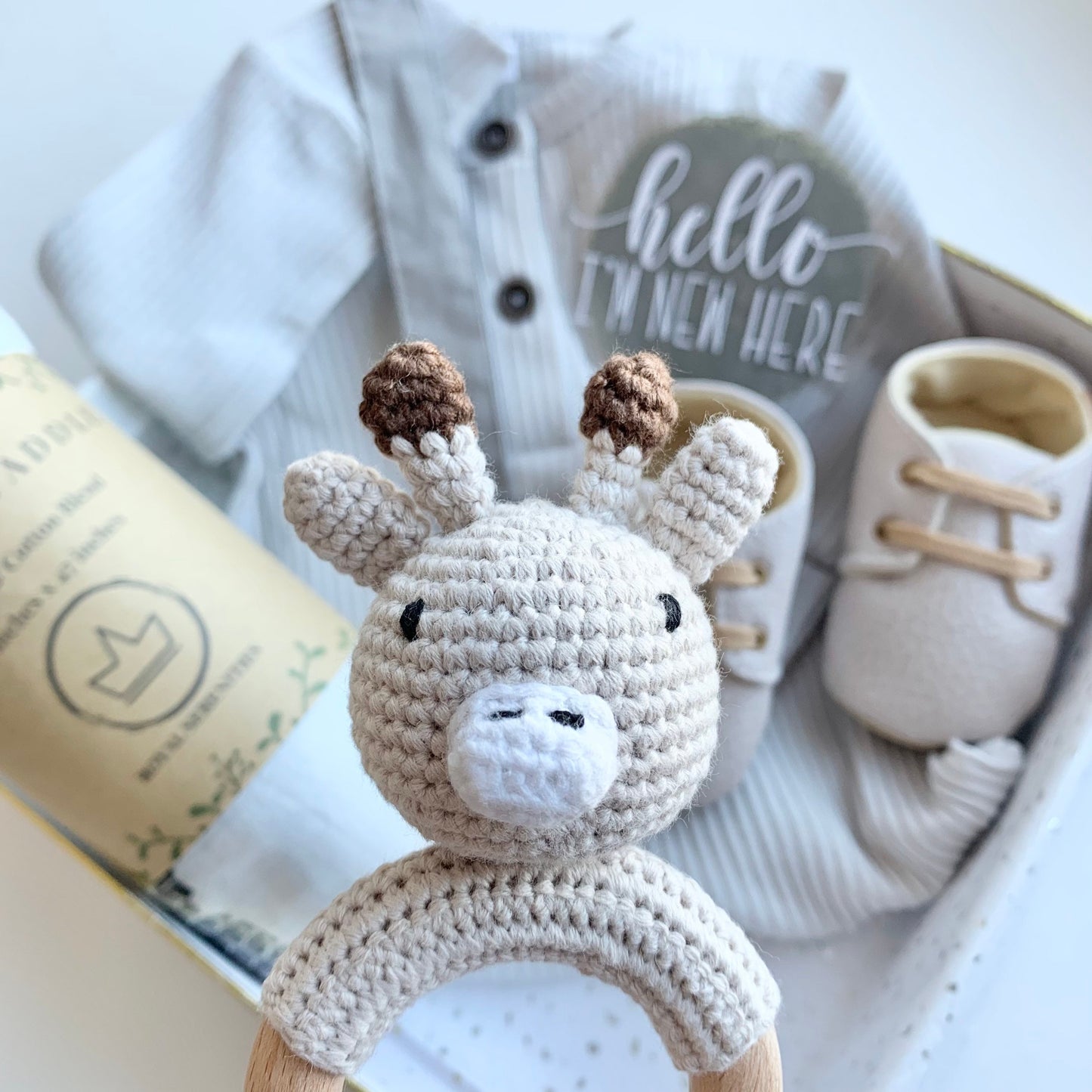 Gender Neutral Baby Gift Box Set - Grey Baby Blanket, Soother Clip and Shoes.