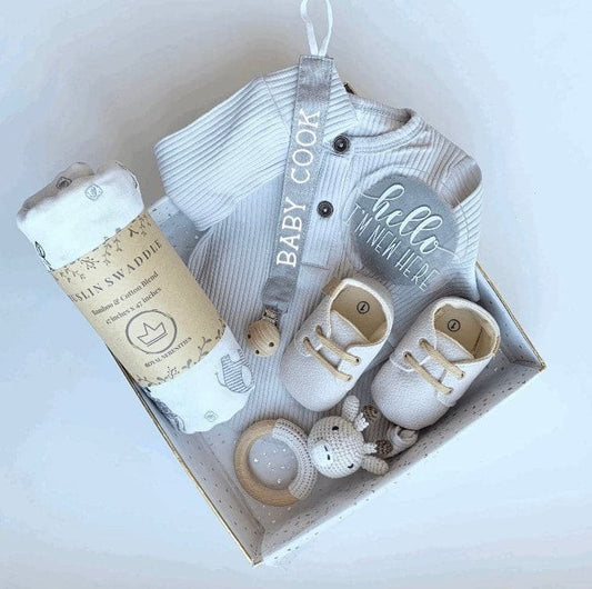 Gender Neutral Baby Gift Box Set - Grey Baby Blanket, Soother Clip and Shoes.