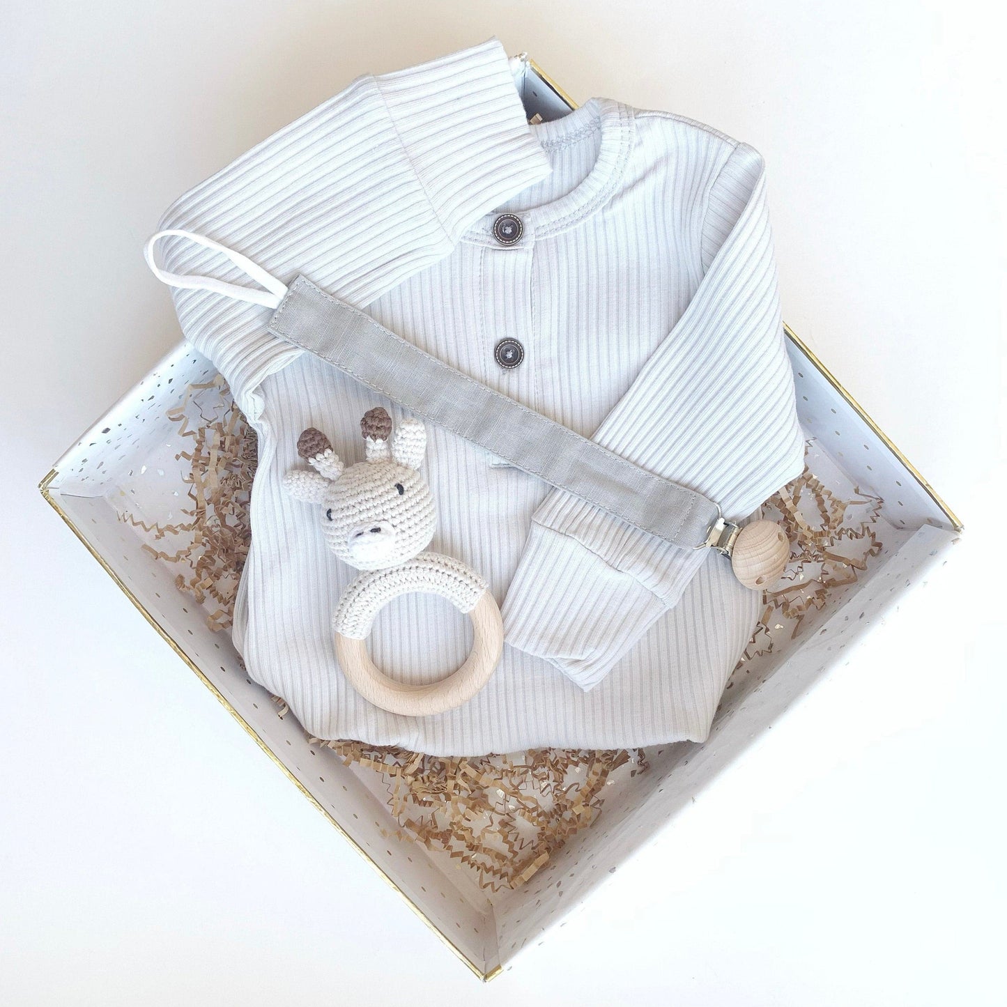 Gender Neutral Baby Gift Box Set - Grey Baby Blanket, Soother Clip and Shoes.