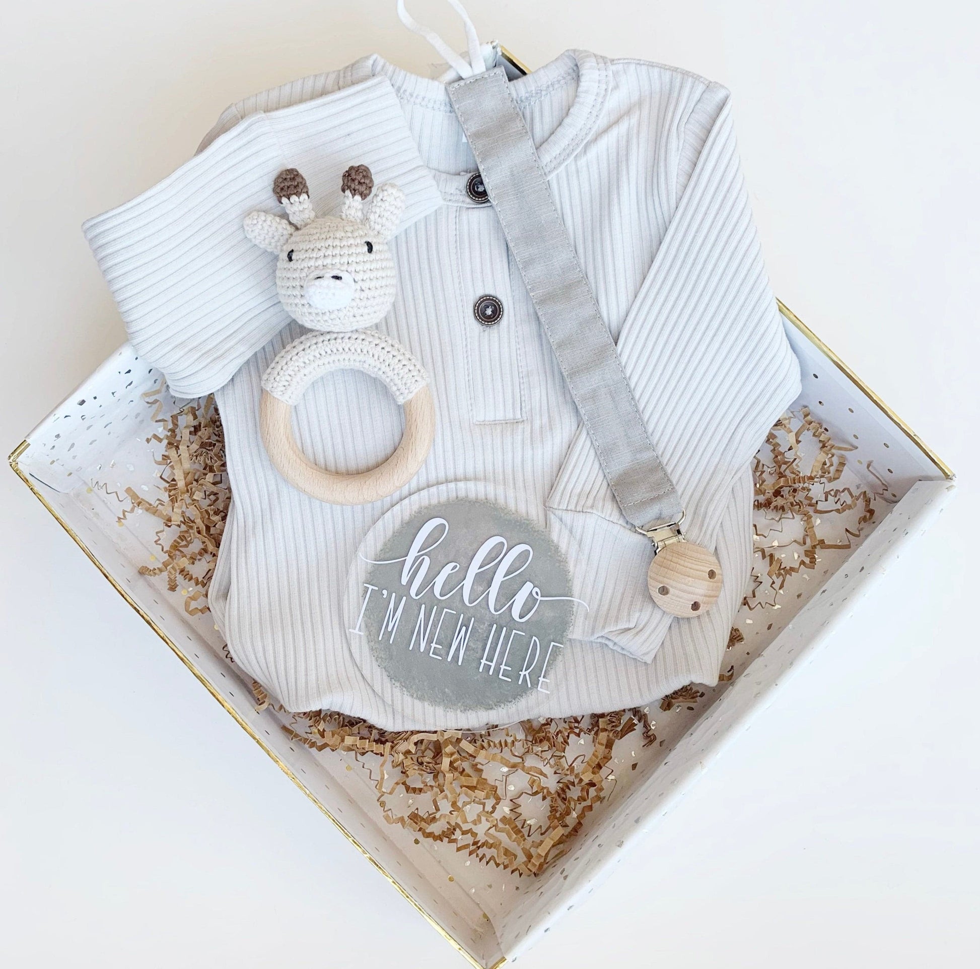 Gender Neutral Baby Gift Box Set - Grey Baby Blanket, Soother Clip and Shoes.