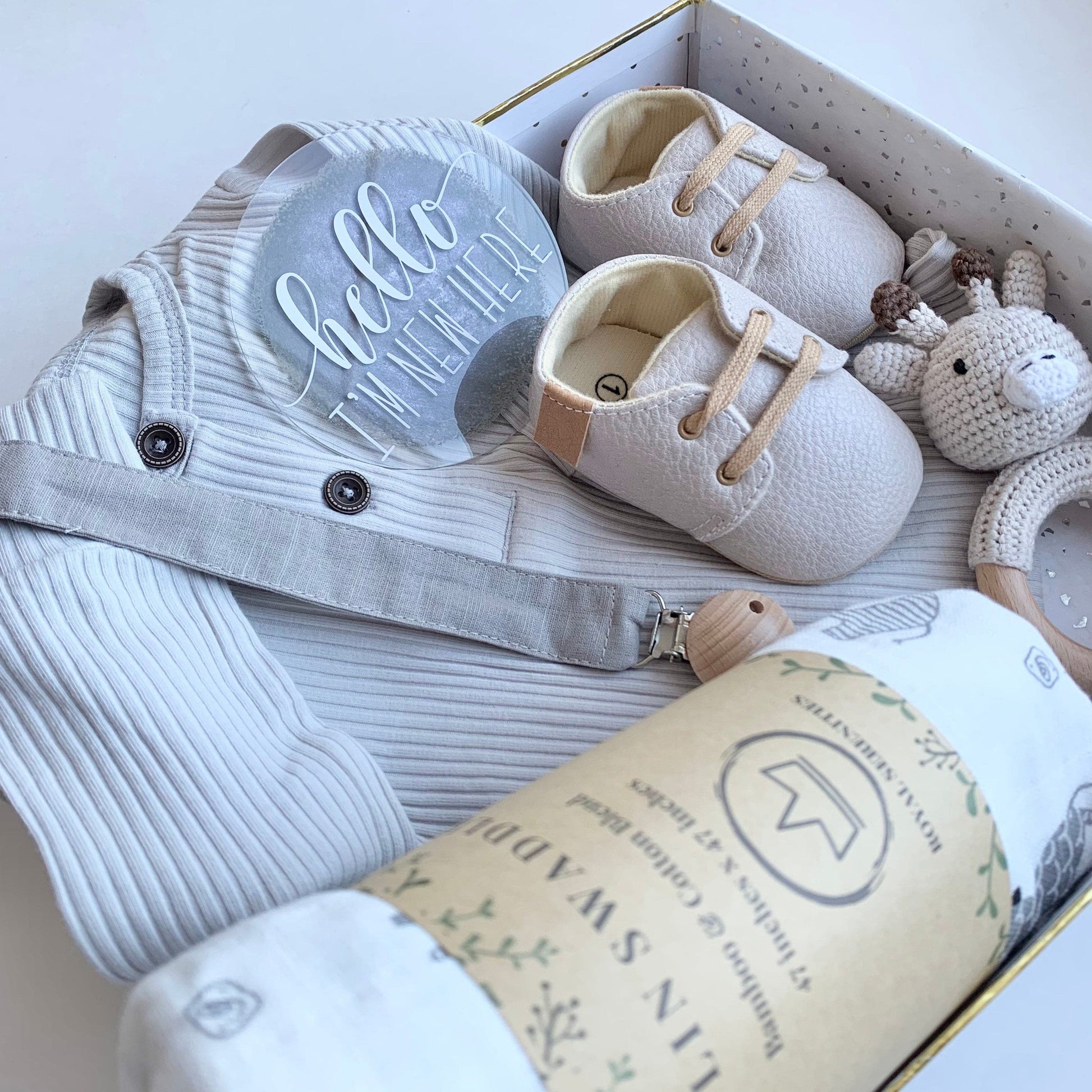 Gender Neutral Baby Gift Box Set - Grey Baby Blanket, Soother Clip and Shoes.