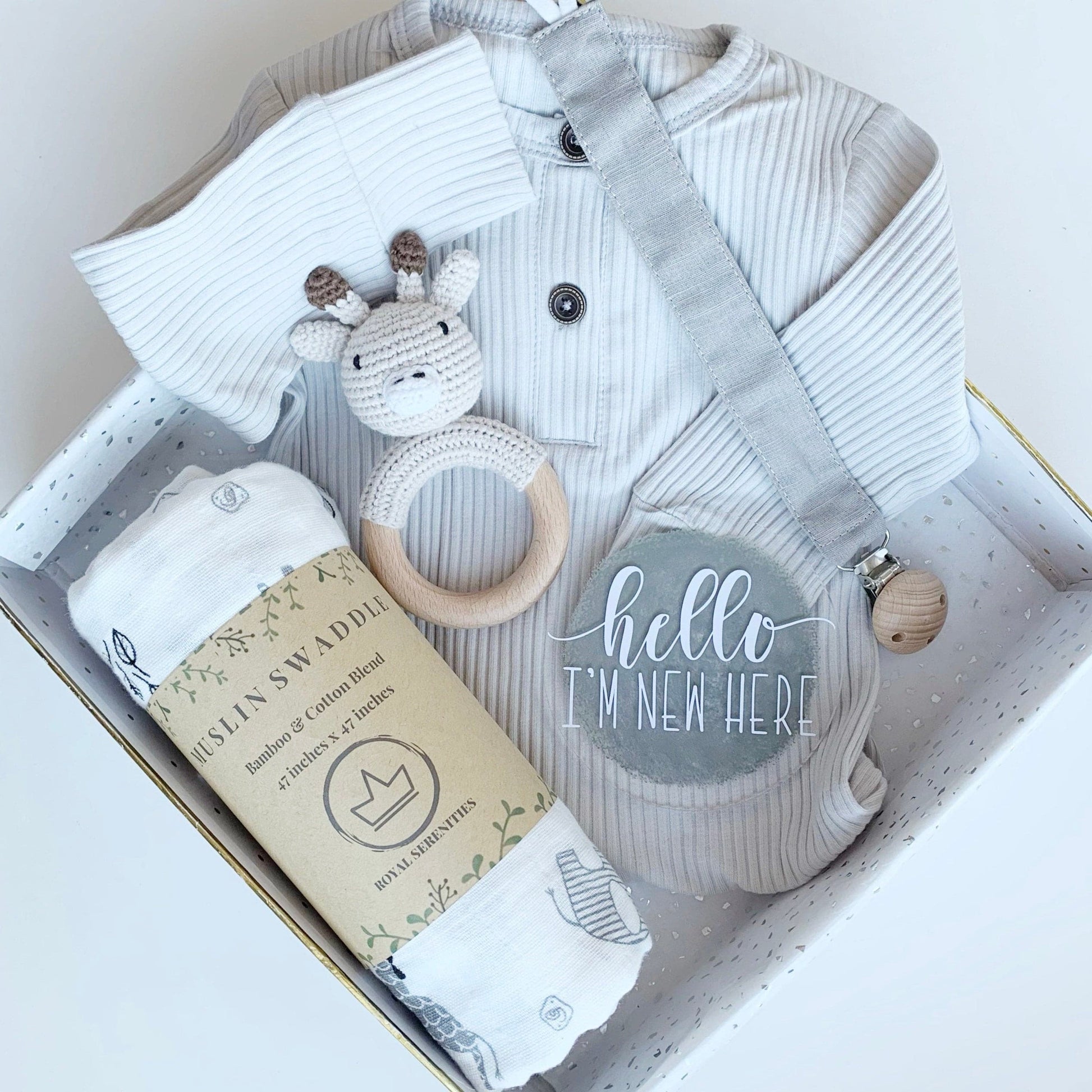 Gender Neutral Baby Gift Box Set - Grey Baby Blanket, Soother Clip and Shoes.