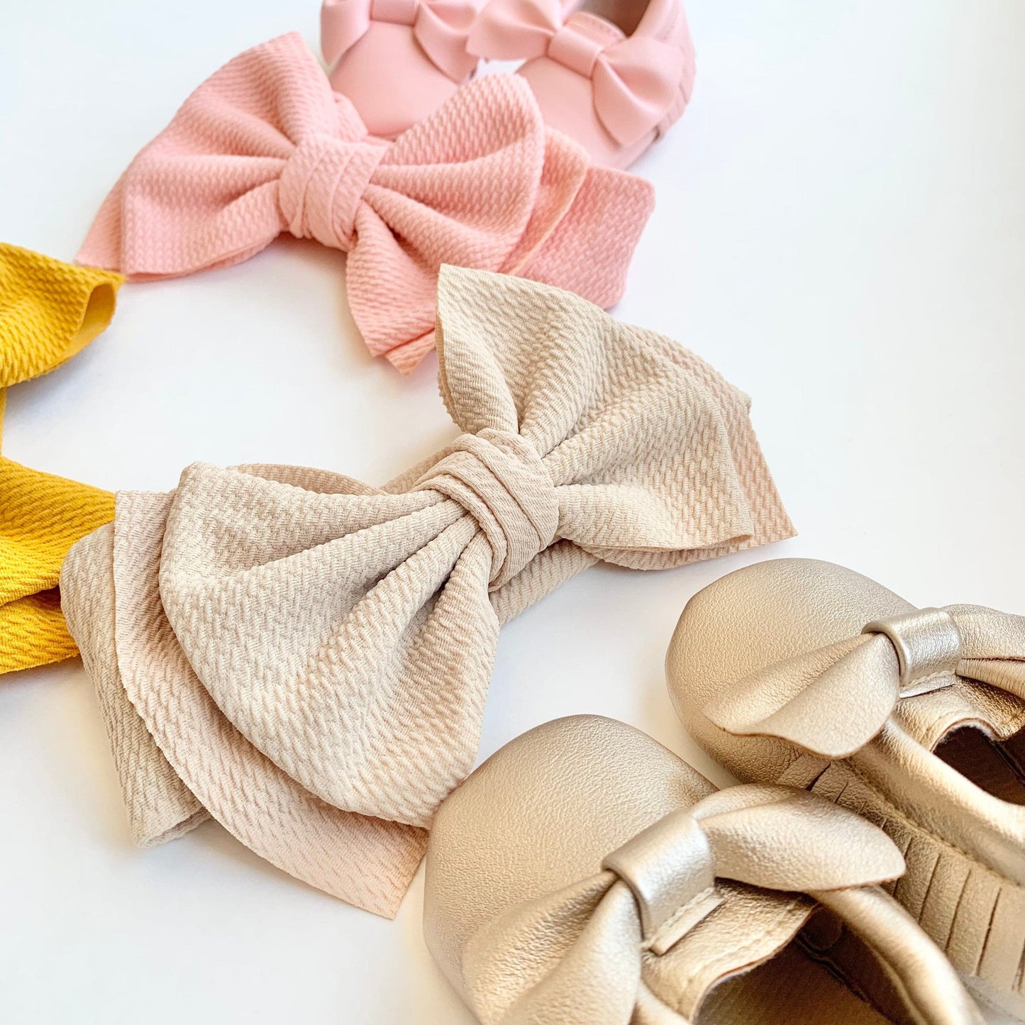 Baby Bow Shoes Newborn Gift - Pink, Gold and Yellow