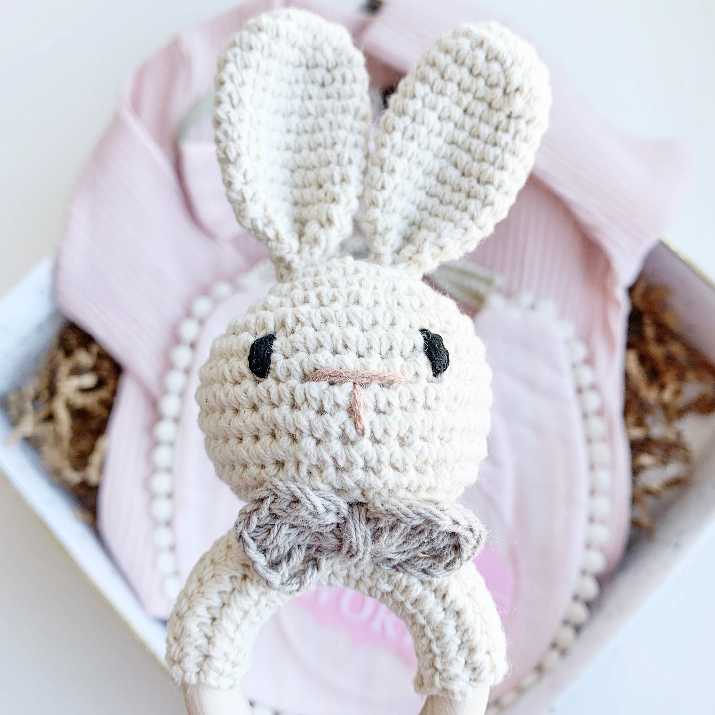 Baby Girl Gift Box Set, Baby Shower Gift, Baby Bow, New Baby Gift basket, Baby Bib, Newborn Baby Gift Hamper, Pink Bunny Rattle Easter Gift.