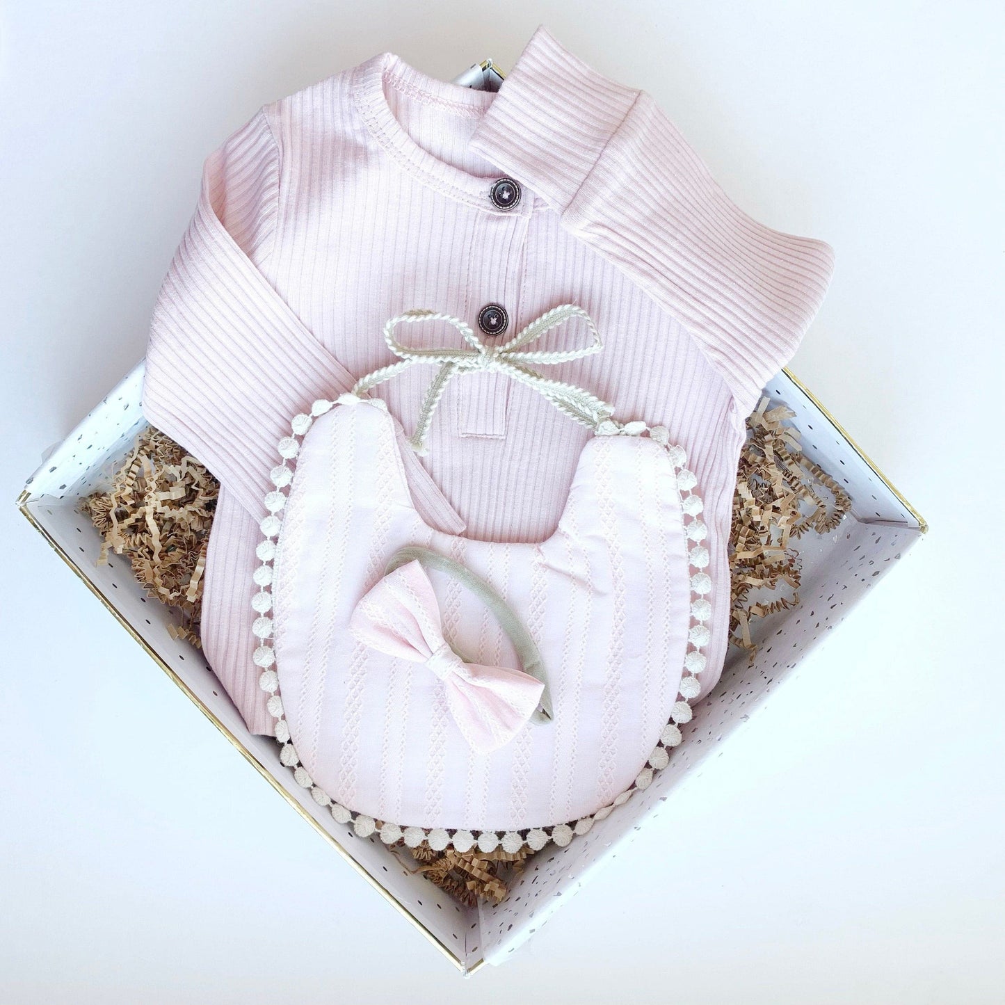 Baby Girl Gift Box Set, Baby Shower Gift, Baby Bow, New Baby Gift basket, Baby Bib, Newborn Baby Gift Hamper, Pink Bunny Rattle Easter Gift.