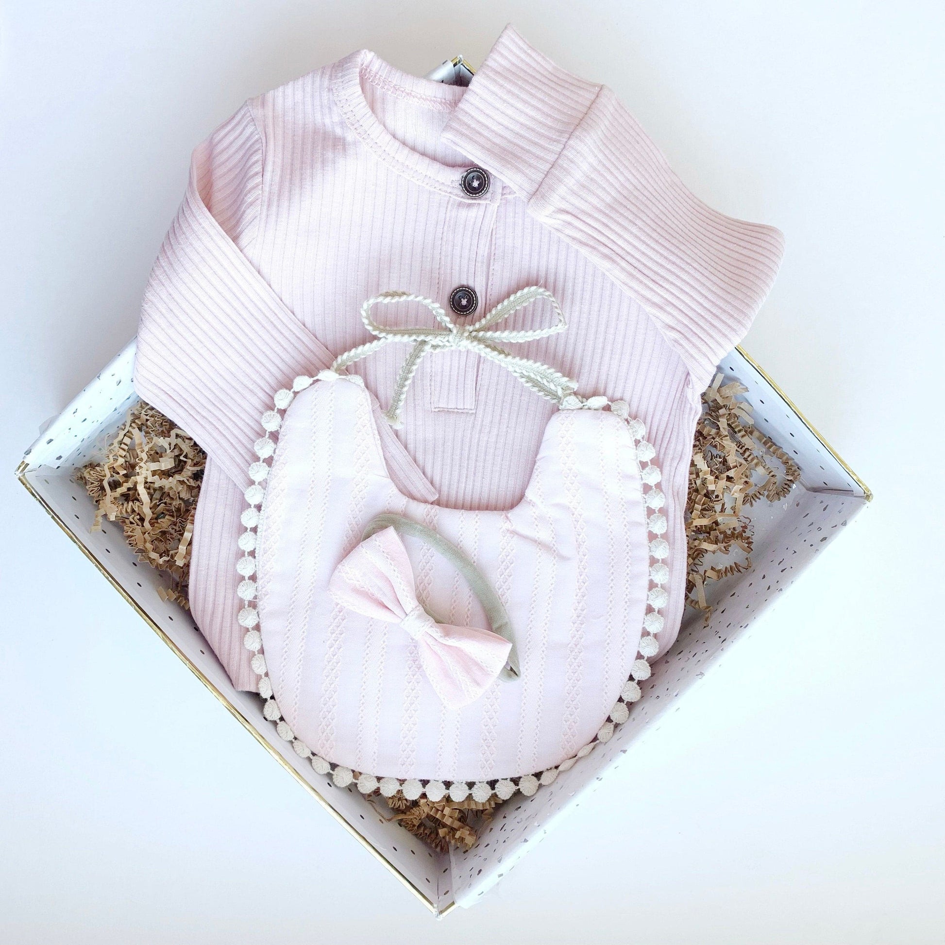 Baby Girl Gift Box Set, Baby Shower Gift, Baby Bow, New Baby Gift basket, Baby Bib, Newborn Baby Gift Hamper, Pink Bunny Rattle Easter Gift.
