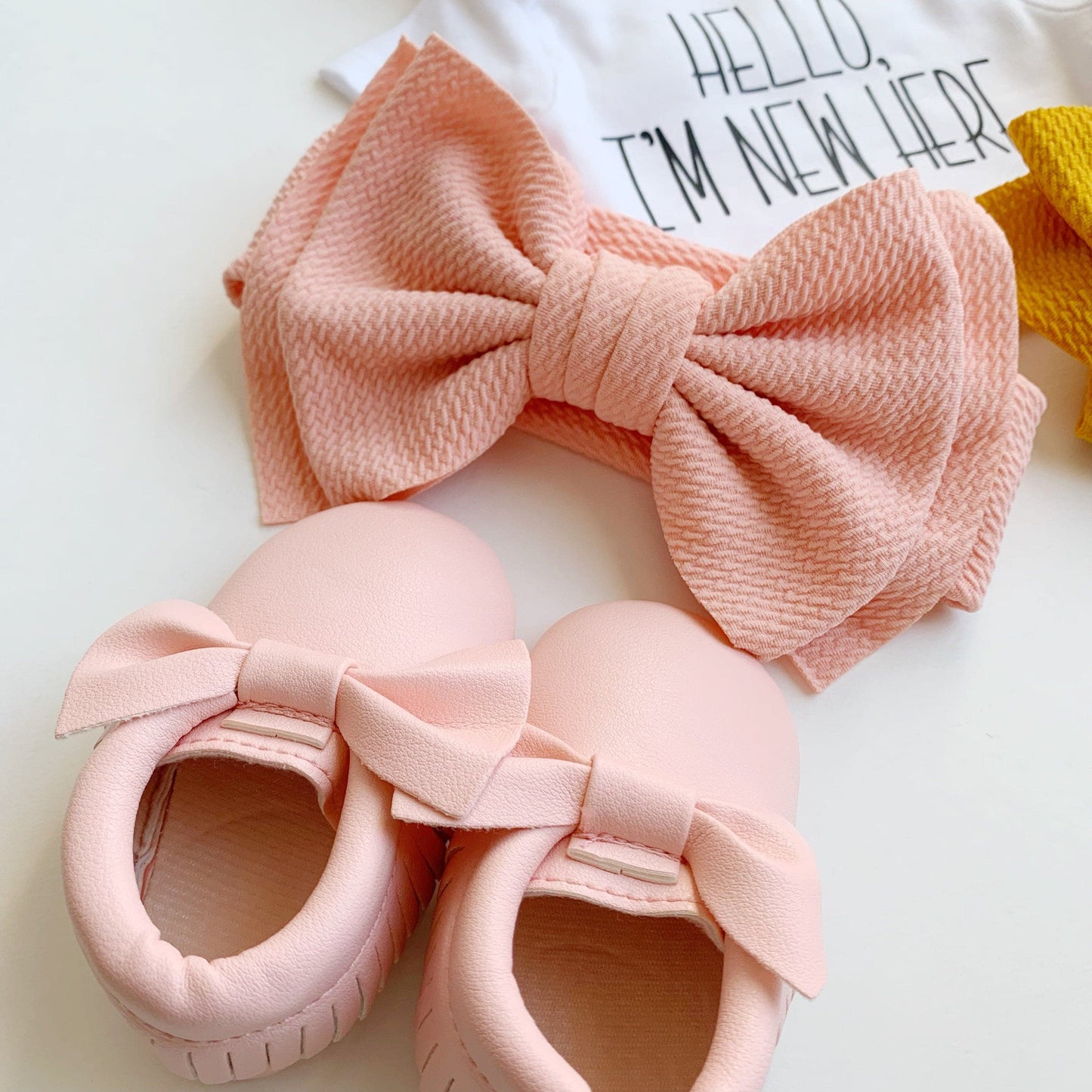 Baby Bow Shoes Newborn Gift - Pink, Gold and Yellow