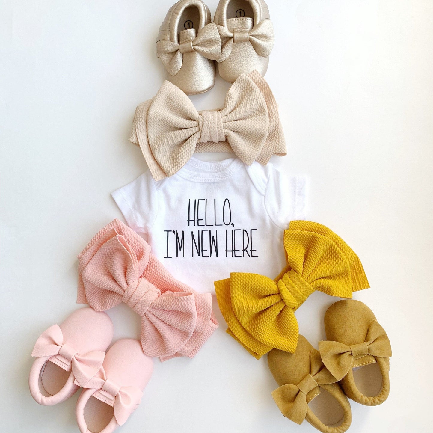 Baby Bow Shoes Newborn Gift - Pink, Gold and Yellow