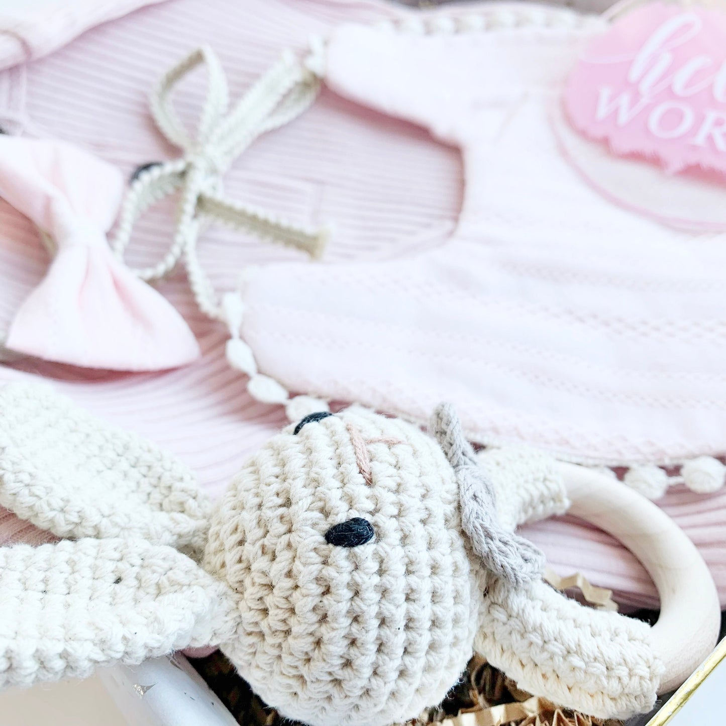 Baby Girl Gift Box Set, Baby Shower Gift, Baby Bow, New Baby Gift basket, Baby Bib, Newborn Baby Gift Hamper, Pink Bunny Rattle Easter Gift.