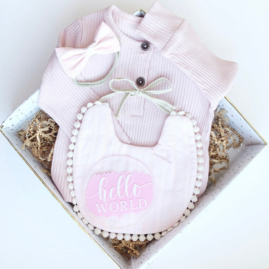 Baby Girl Gift Box Set, Baby Shower Gift, Baby Bow, New Baby Gift basket, Baby Bib, Newborn Baby Gift Hamper, Pink Bunny Rattle Easter Gift.