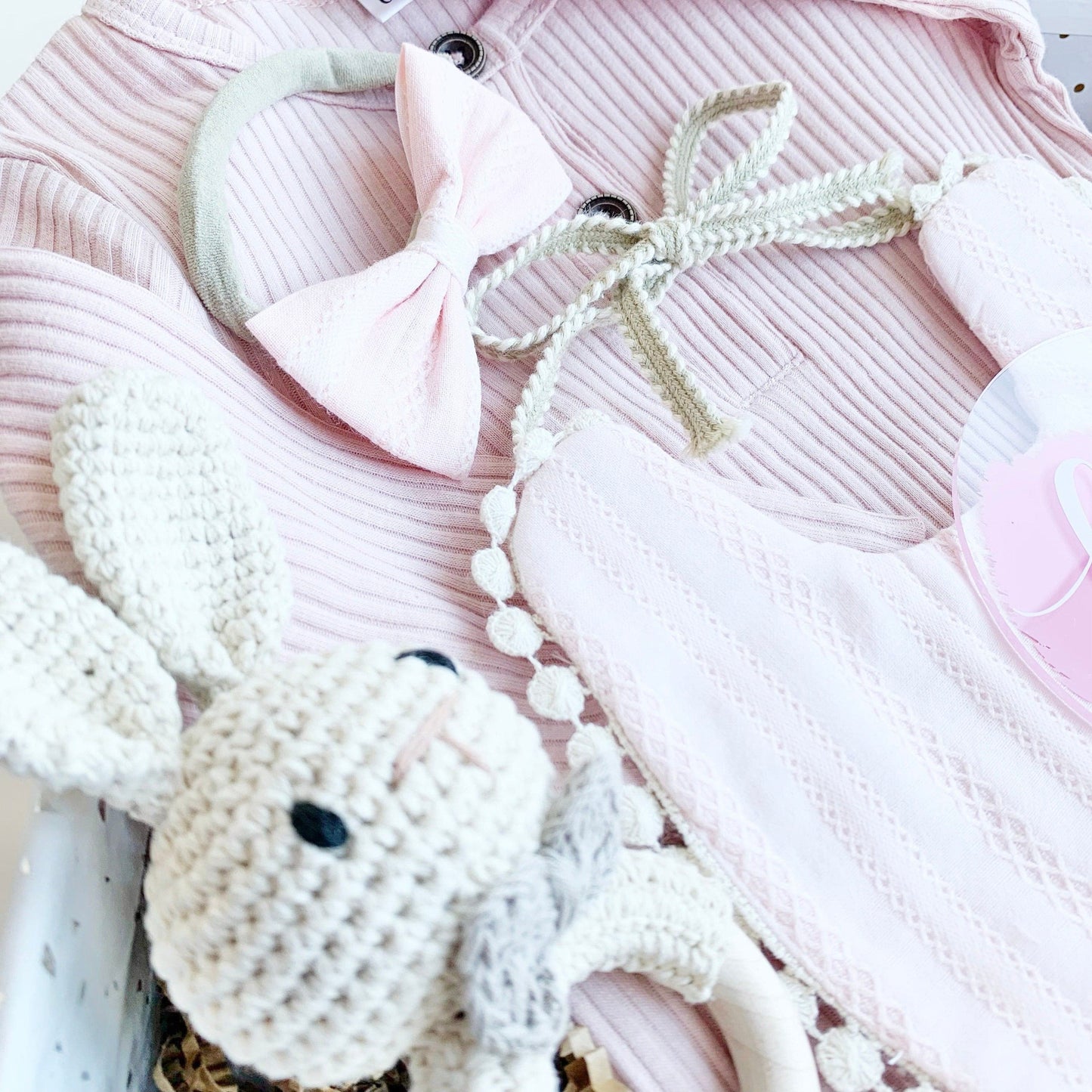 Baby Girl Gift Box Set, Baby Shower Gift, Baby Bow, New Baby Gift basket, Baby Bib, Newborn Baby Gift Hamper, Pink Bunny Rattle Easter Gift.
