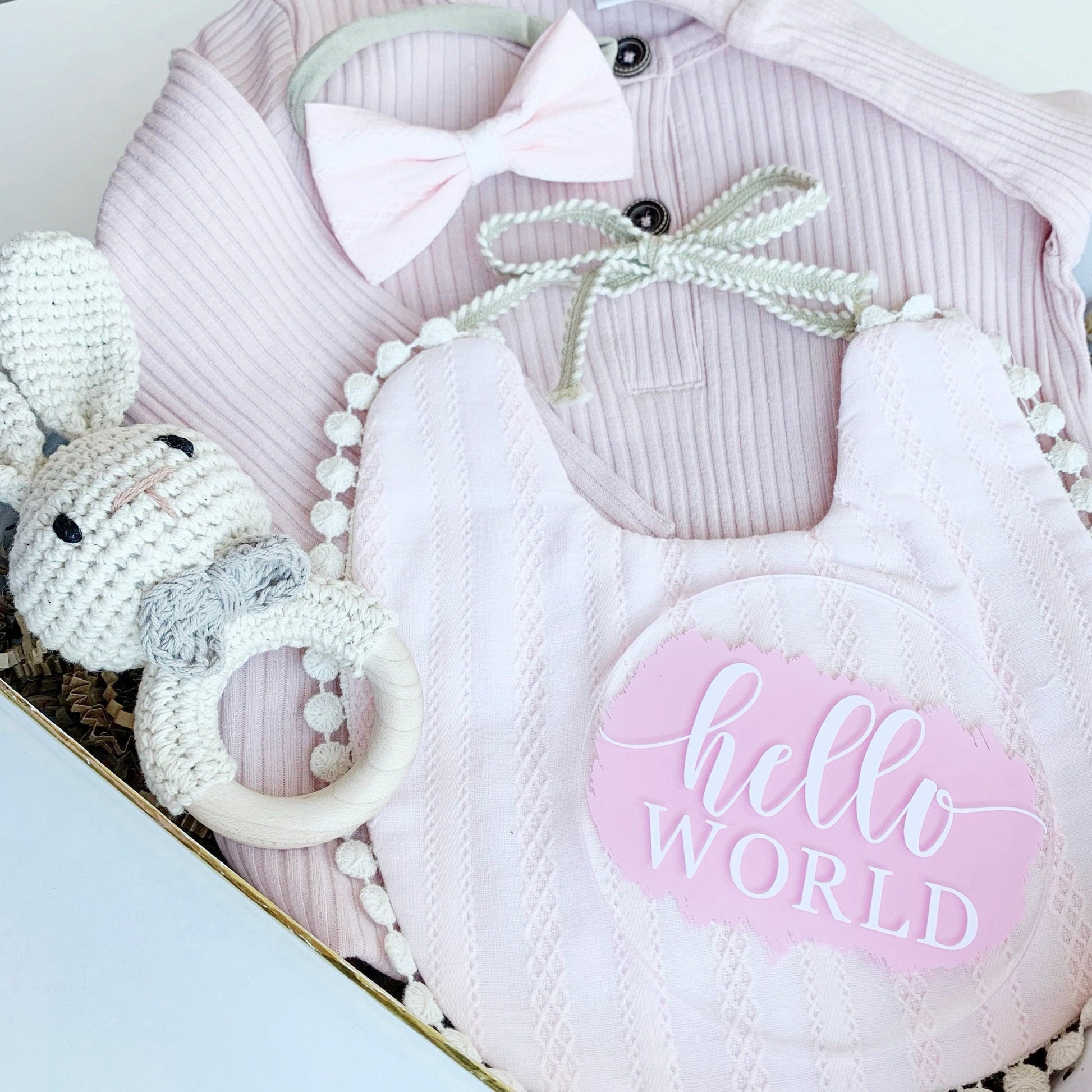 Baby Girl Gift Box Set, Baby Shower Gift, Baby Bow, New Baby Gift basket, Baby Bib, Newborn Baby Gift Hamper, Pink Bunny Rattle Easter Gift.