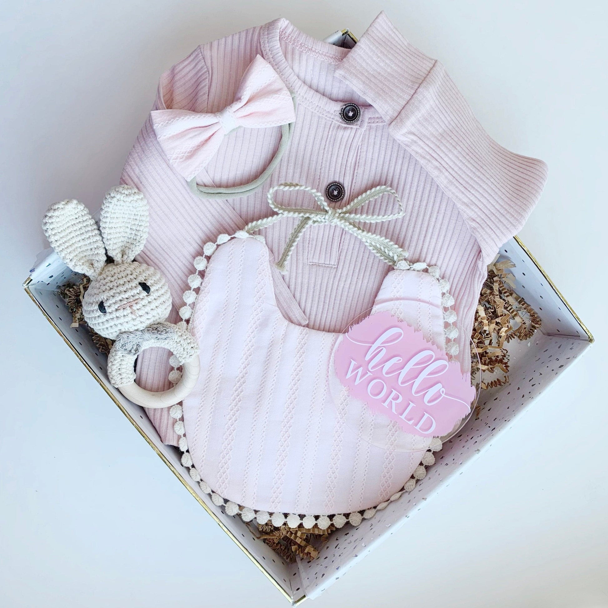 Baby Girl Gift Box Set, Baby Shower Gift, Baby Bow, New Baby Gift basket, Baby Bib, Newborn Baby Gift Hamper, Pink Bunny Rattle Easter Gift.