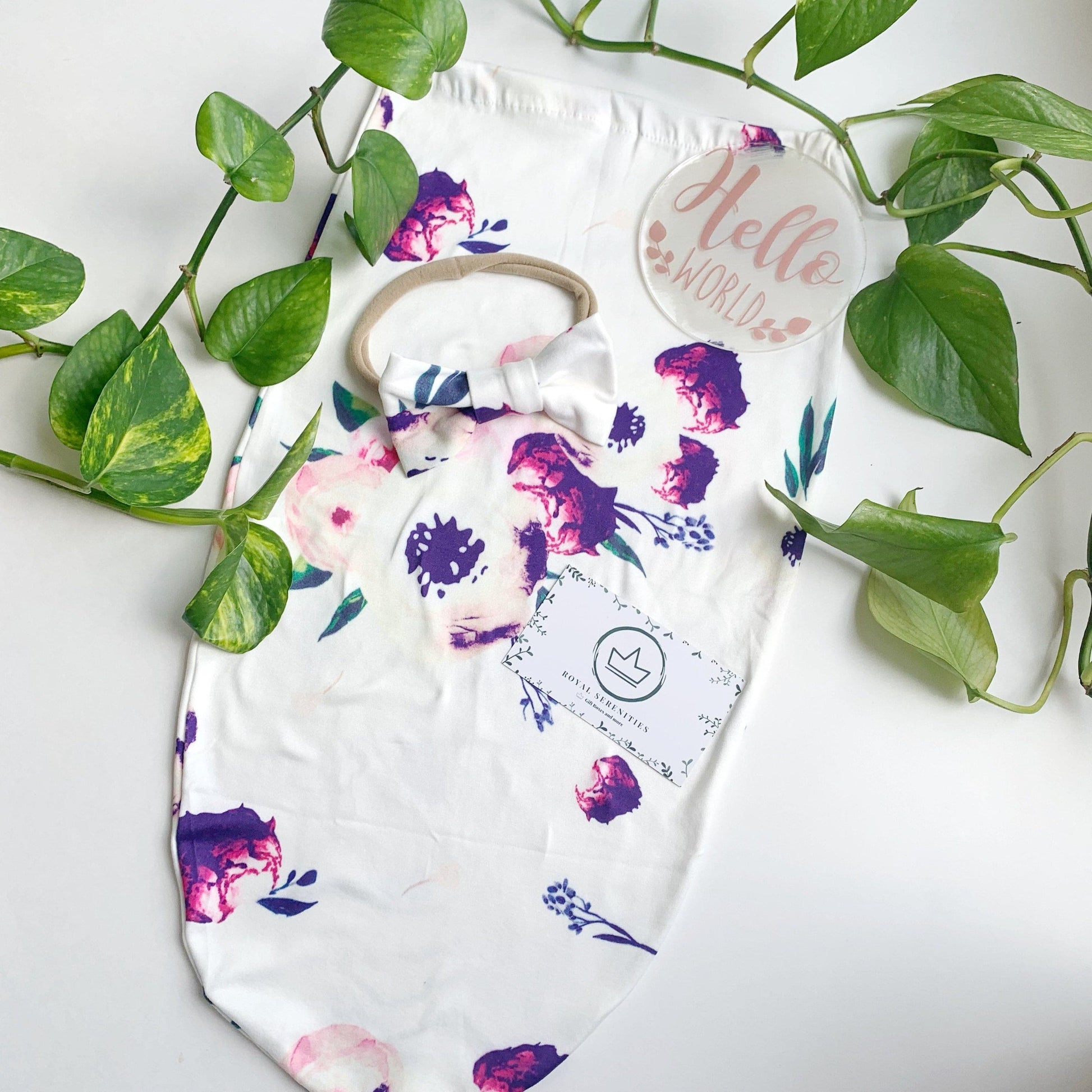 Baby girl swaddle Sack with bow, Pink Floral, personalized, Coming home, Custom Swaddle Set, Newborn swaddle set gift, hospital photo prop.
