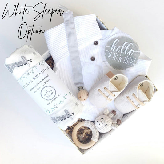 Gender Neutral Baby Gift Box Set - Grey Baby Blanket, Soother Clip and Shoes.