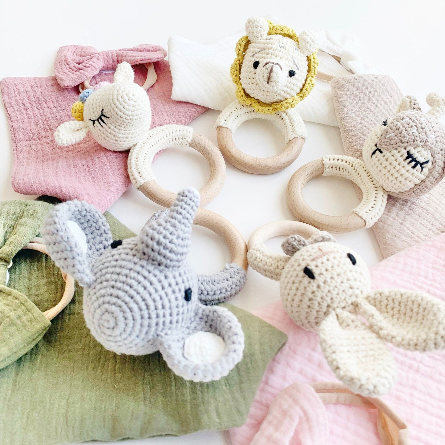 Custom Newborn Baby Shower Gift, Personalized Baby Girl Name Bib, Woodland Crochet Rattle Teether, Baby Girl Bow Gift, Baby Gift Box.
