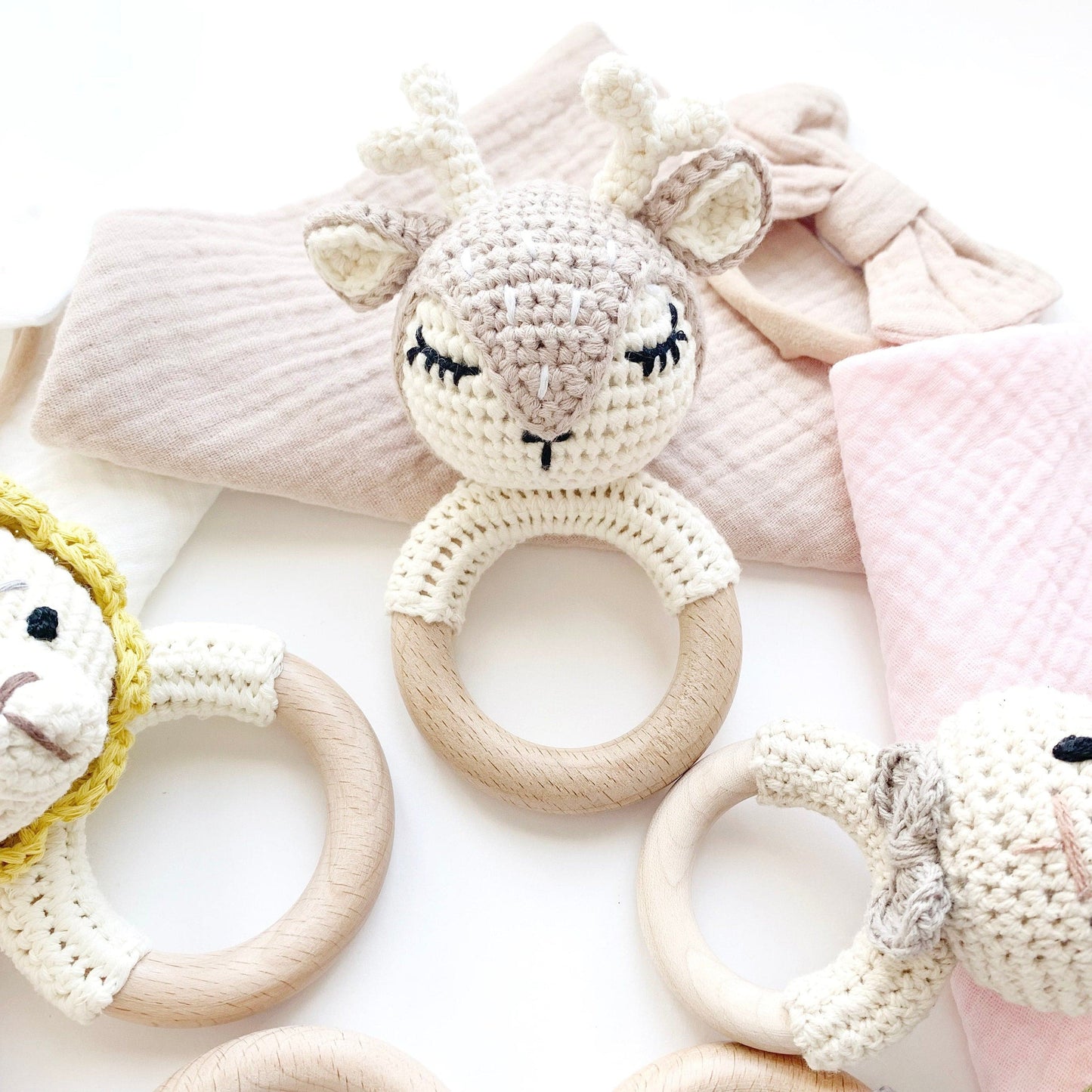 Custom Newborn Baby Shower Gift, Personalized Baby Girl Name Bib, Woodland Crochet Rattle Teether, Baby Girl Bow Gift, Baby Gift Box.
