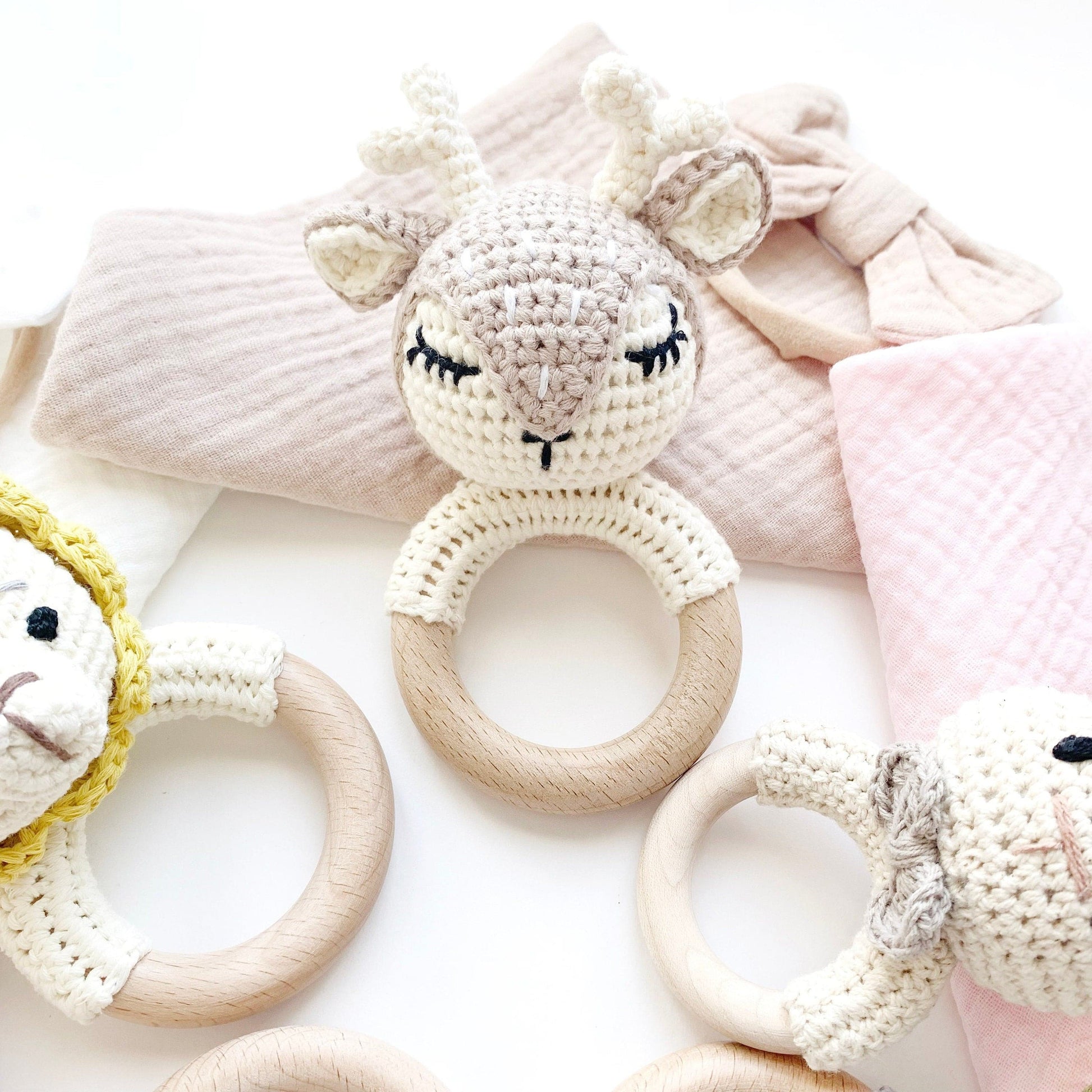Custom Newborn Baby Shower Gift, Personalized Baby Girl Name Bib, Woodland Crochet Rattle Teether, Baby Girl Bow Gift, Baby Gift Box.
