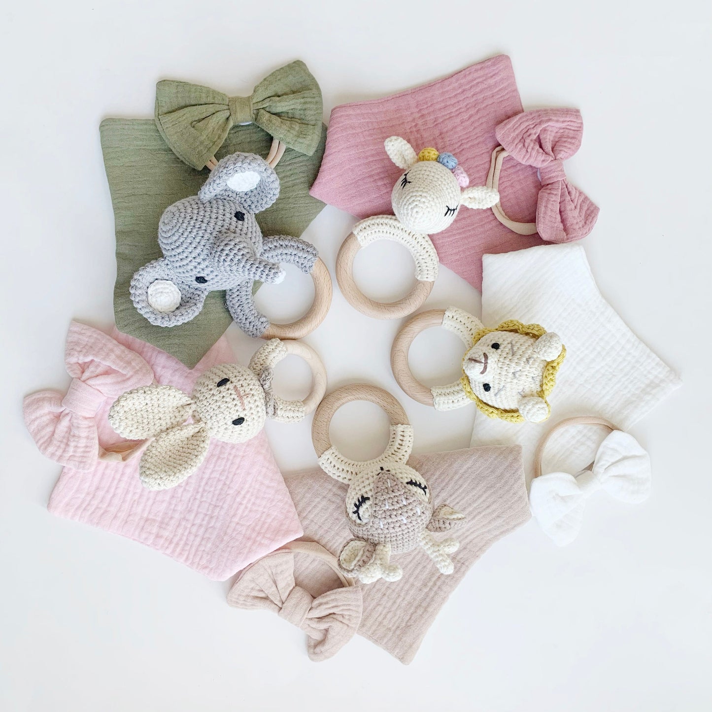 Custom Newborn Baby Shower Gift, Personalized Baby Girl Name Bib, Woodland Crochet Rattle Teether, Baby Girl Bow Gift, Baby Gift Box.