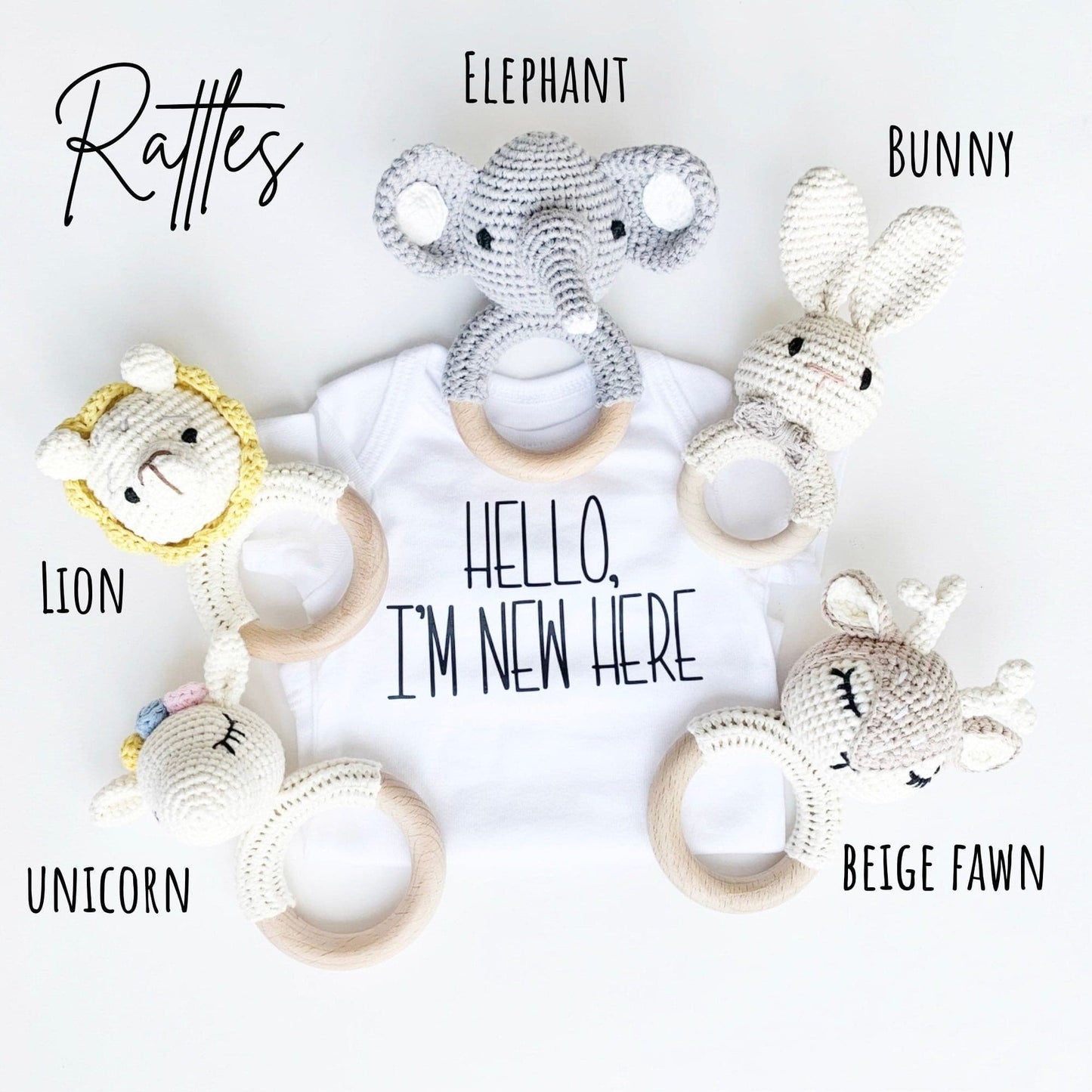 Custom Newborn Baby Shower Gift, Personalized Baby Girl Name Bib, Woodland Crochet Rattle Teether, Baby Girl Bow Gift, Baby Gift Box.