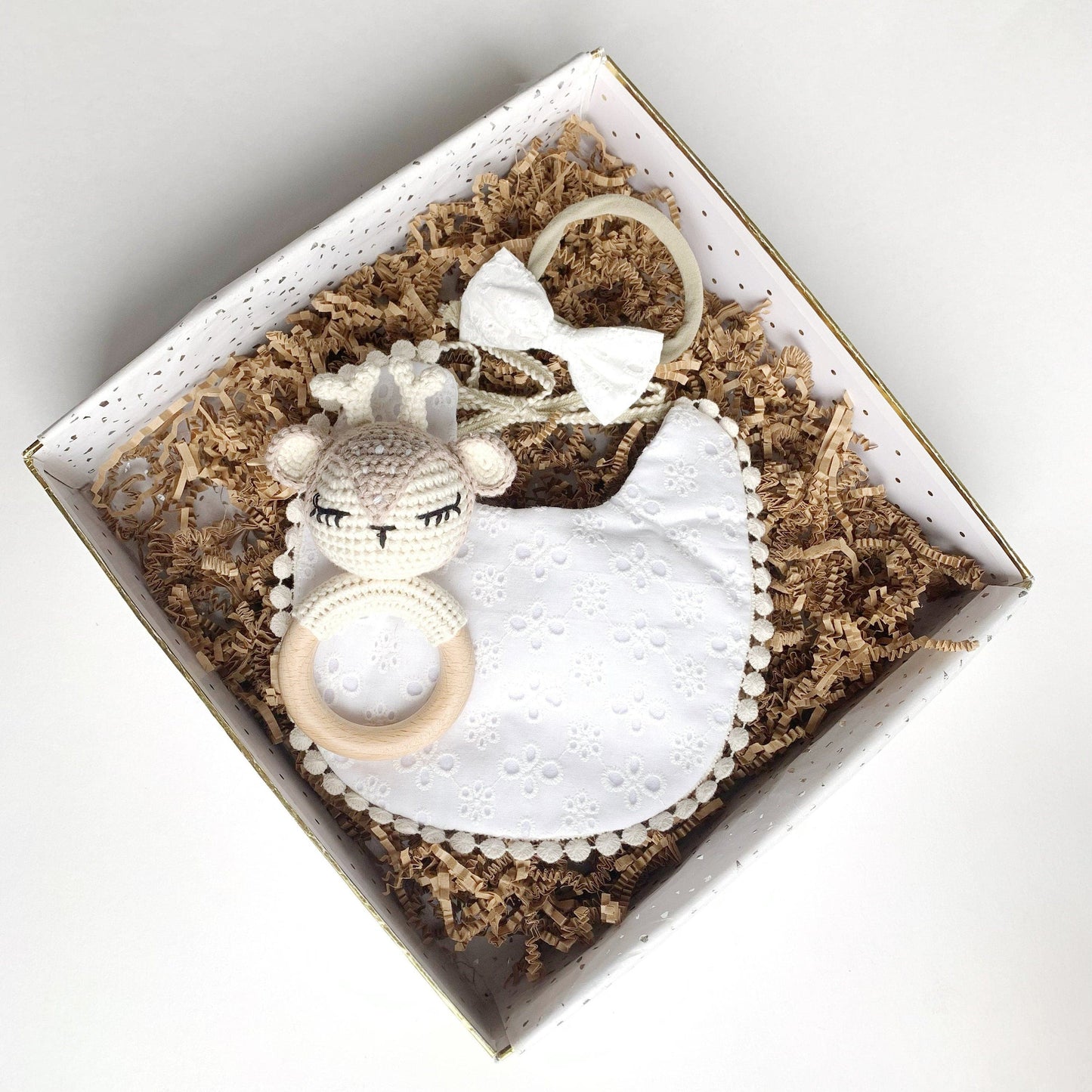 Woodland Baby Shower Girl Gift - White Lace Bib and Bow